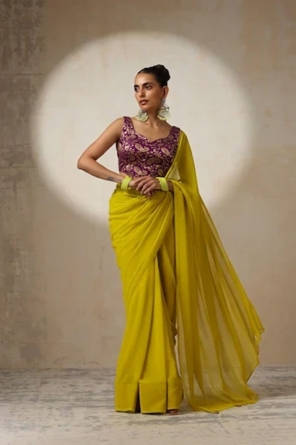 With Stitched Blouse - Purple Brocade Blouse with Yellow Chiffon Saree (Blouse has sleeve attached)