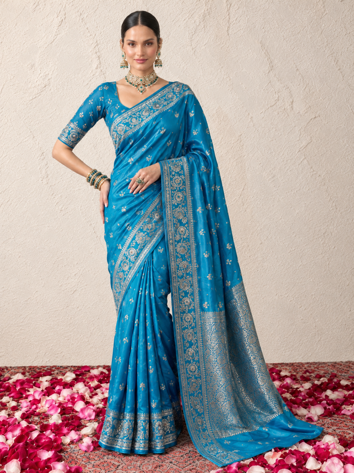 Blue and Silver Pure Silk Saree with Meenakari and Blouse Fabric