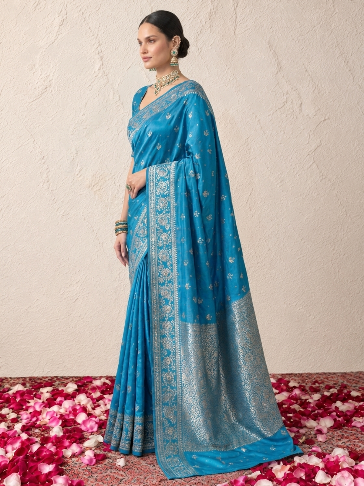 Blue and Silver Pure Silk Saree with Meenakari and Blouse Fabric