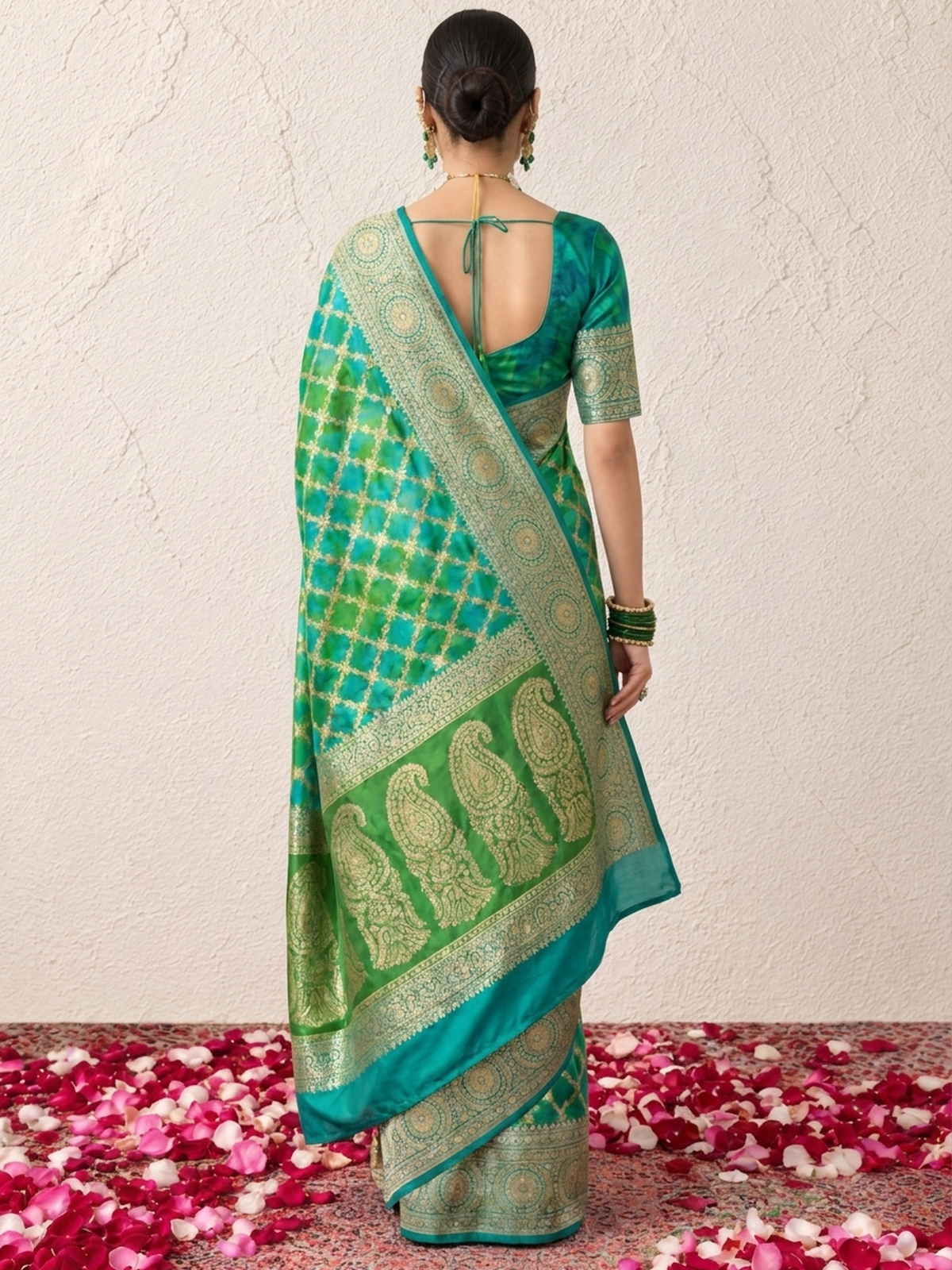 Blue Khaddi Georgette with Green Turq Design and Blouse Fabric