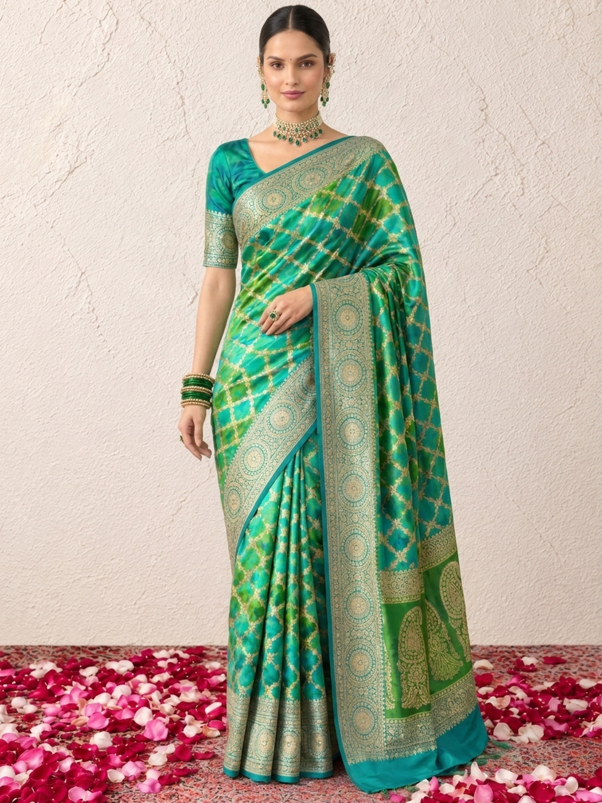 Blue Khaddi Georgette with Green Turq Design and Blouse Fabric