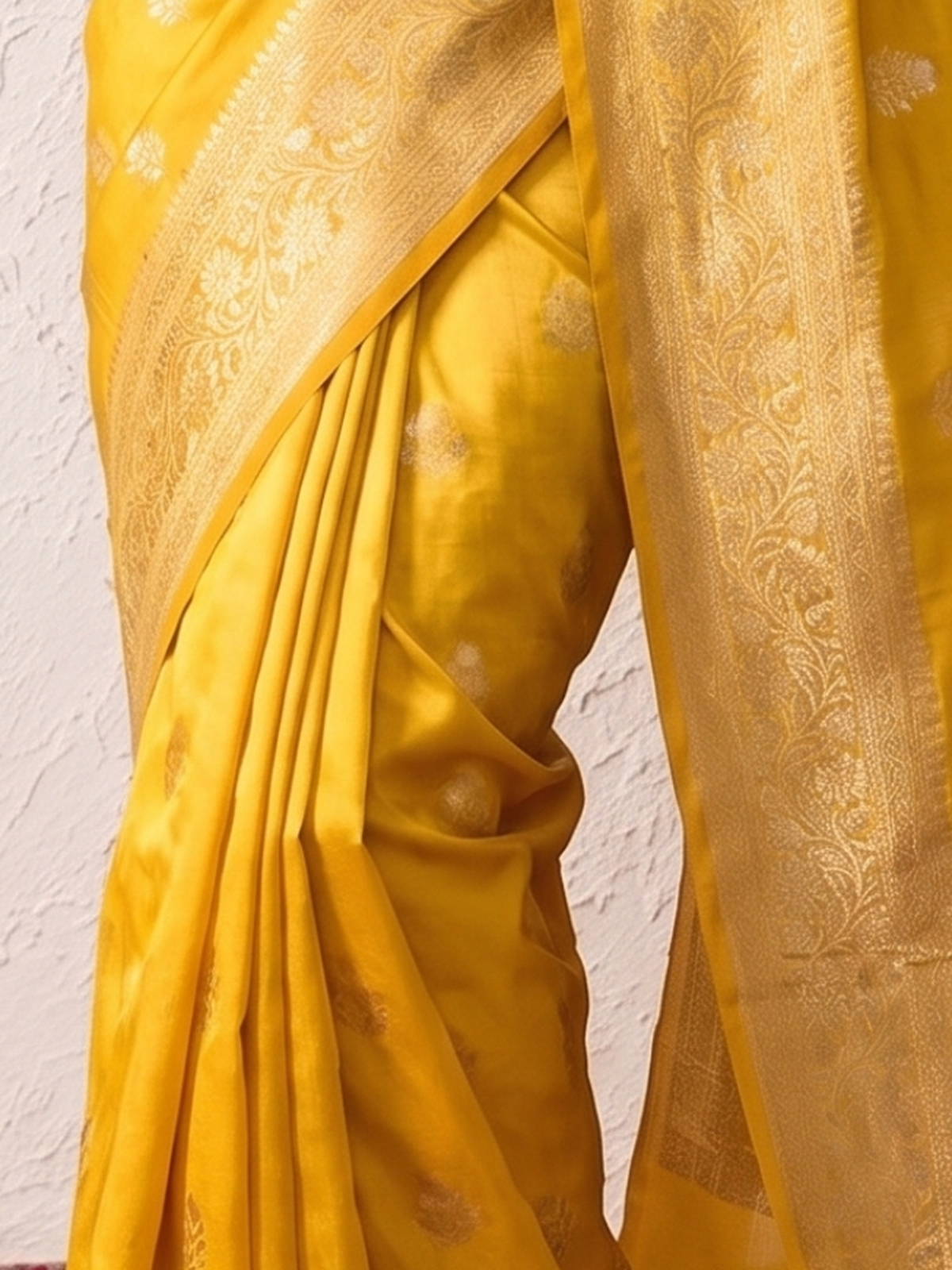 Yellow and Gold Silver Pure Silk Saree with Meenakari and Blouse Fabric