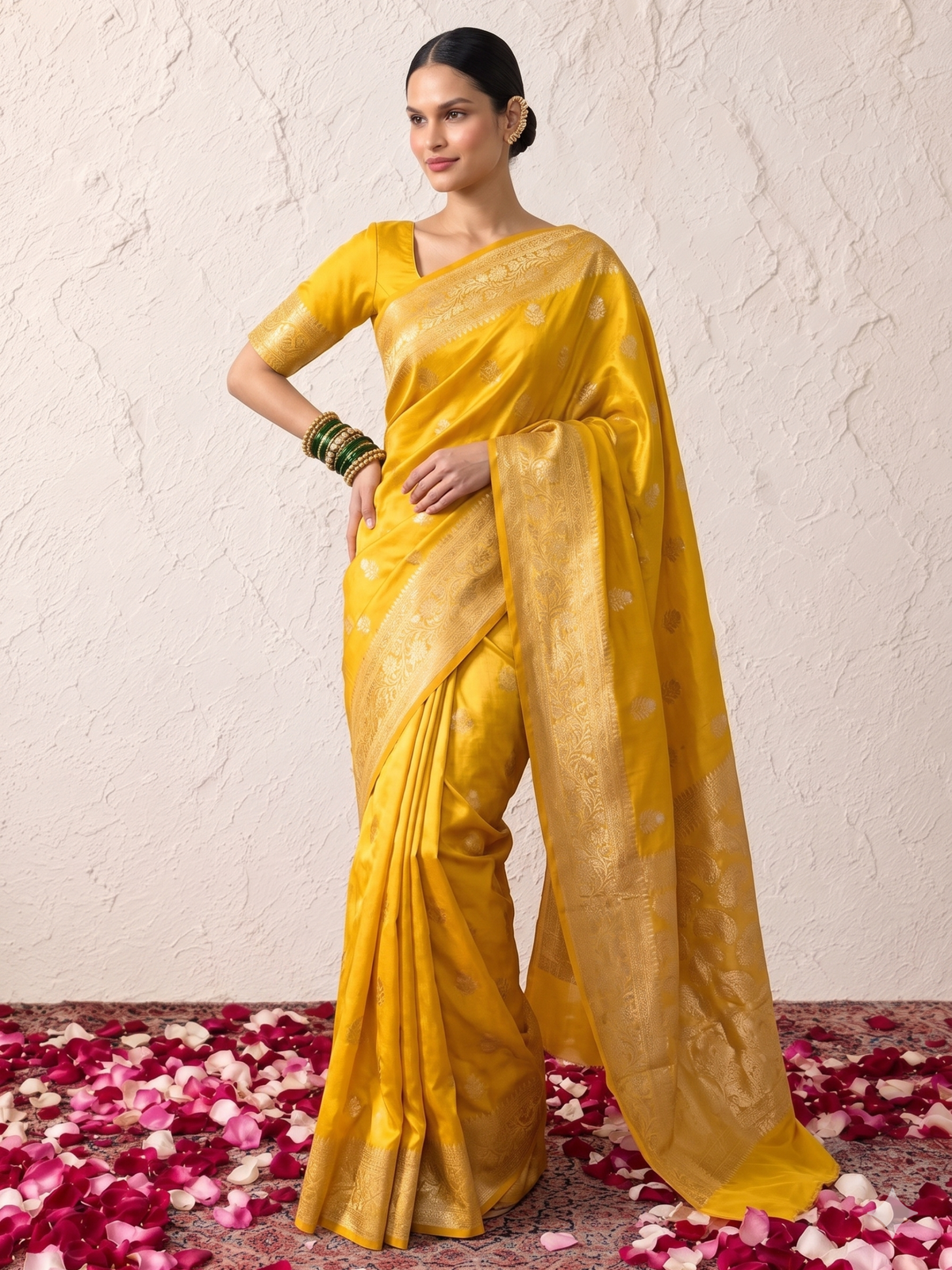 Yellow and Gold Silver Pure Silk Saree with Meenakari and Blouse Fabric