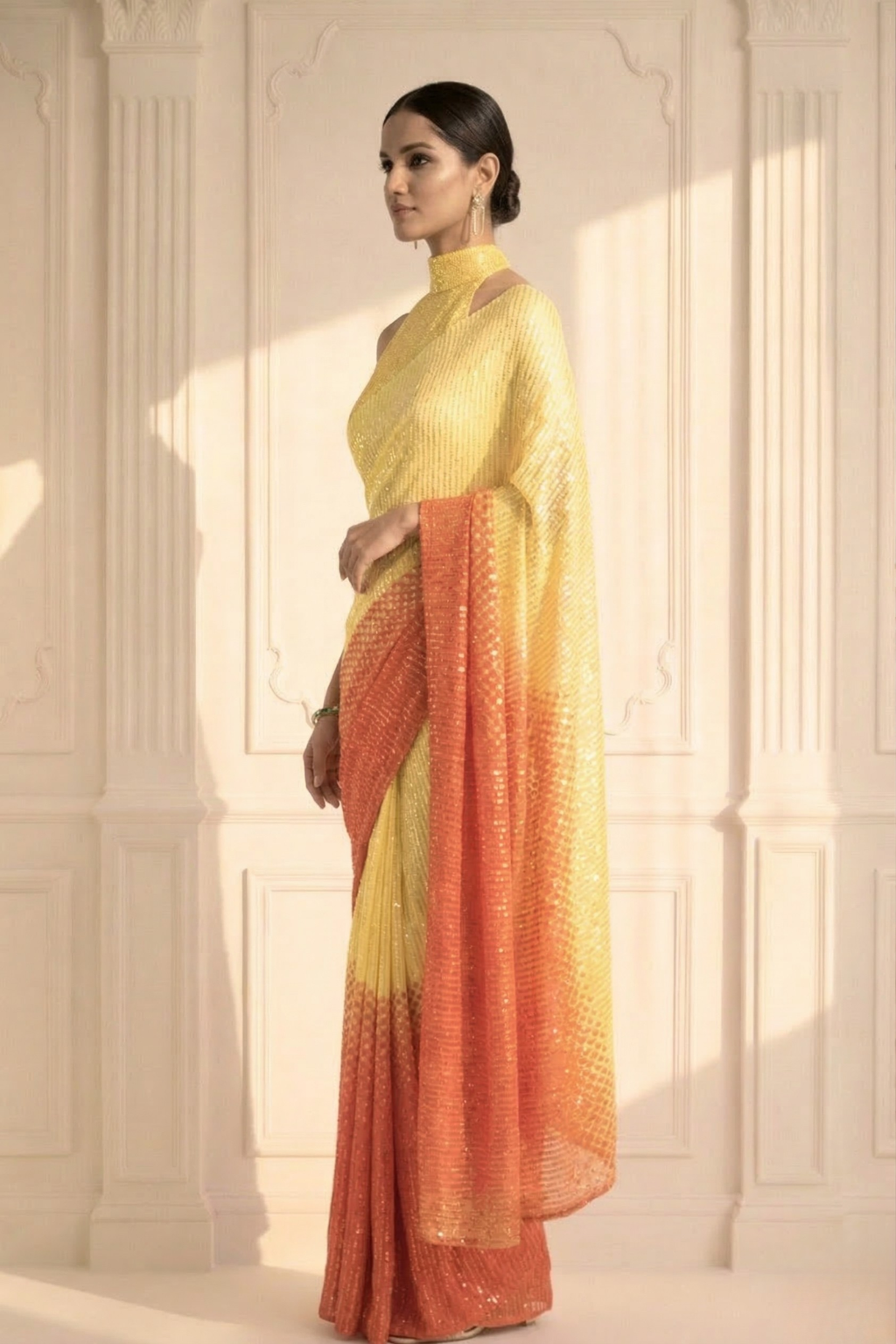 Yellow and Orange Ombre' Knitted Sequin Saree with Blouse Fabric