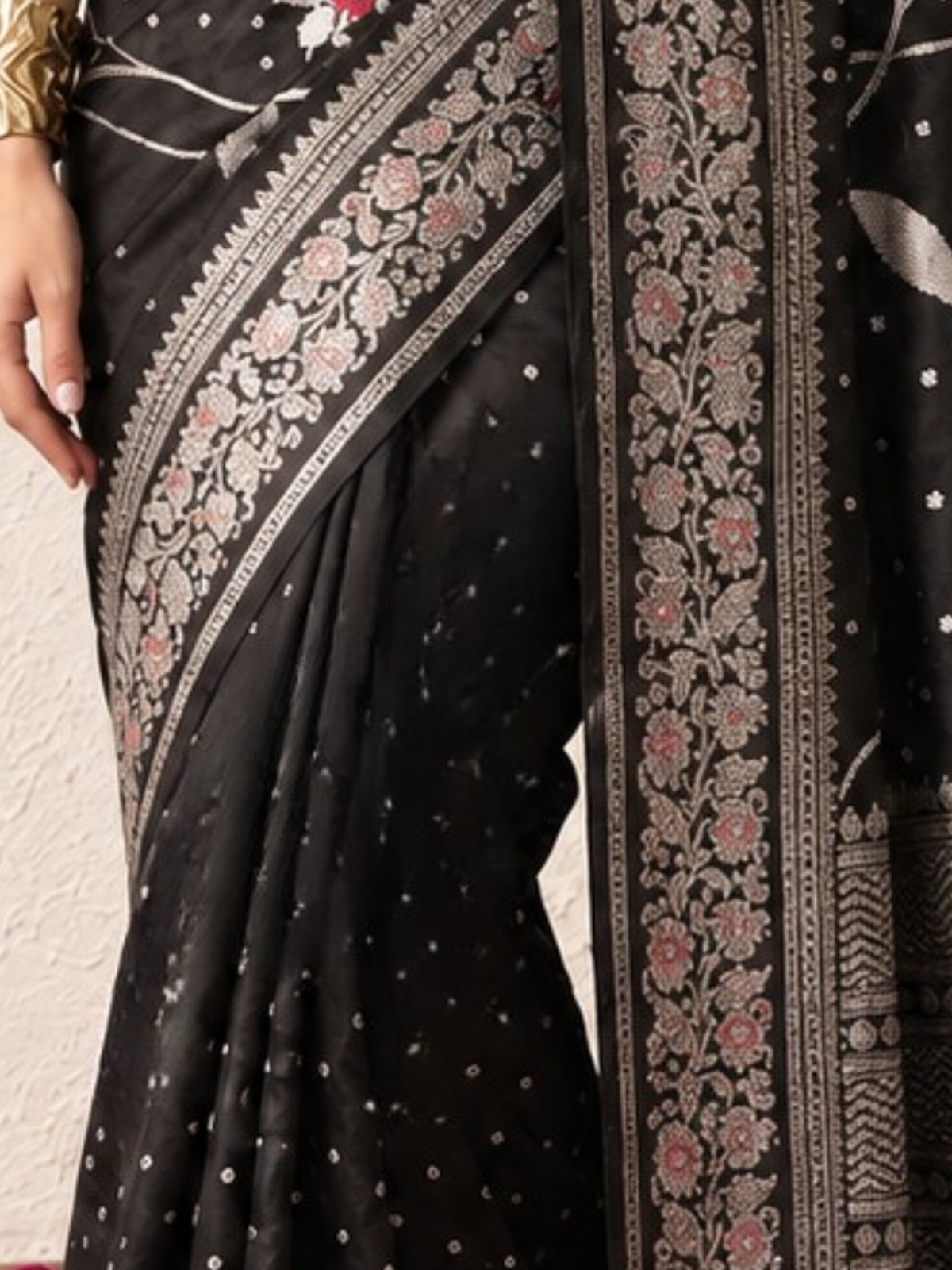 Black and Silver Pure Silk Saree with Meenakari and Blouse Fabric