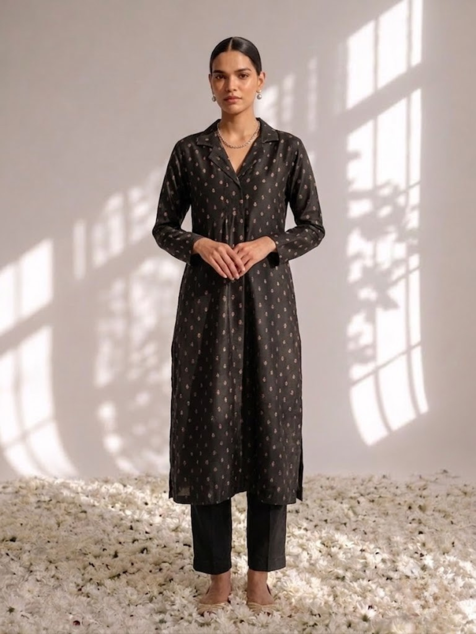 Black Banarasi viscose silk collared kurta with pants — view 2