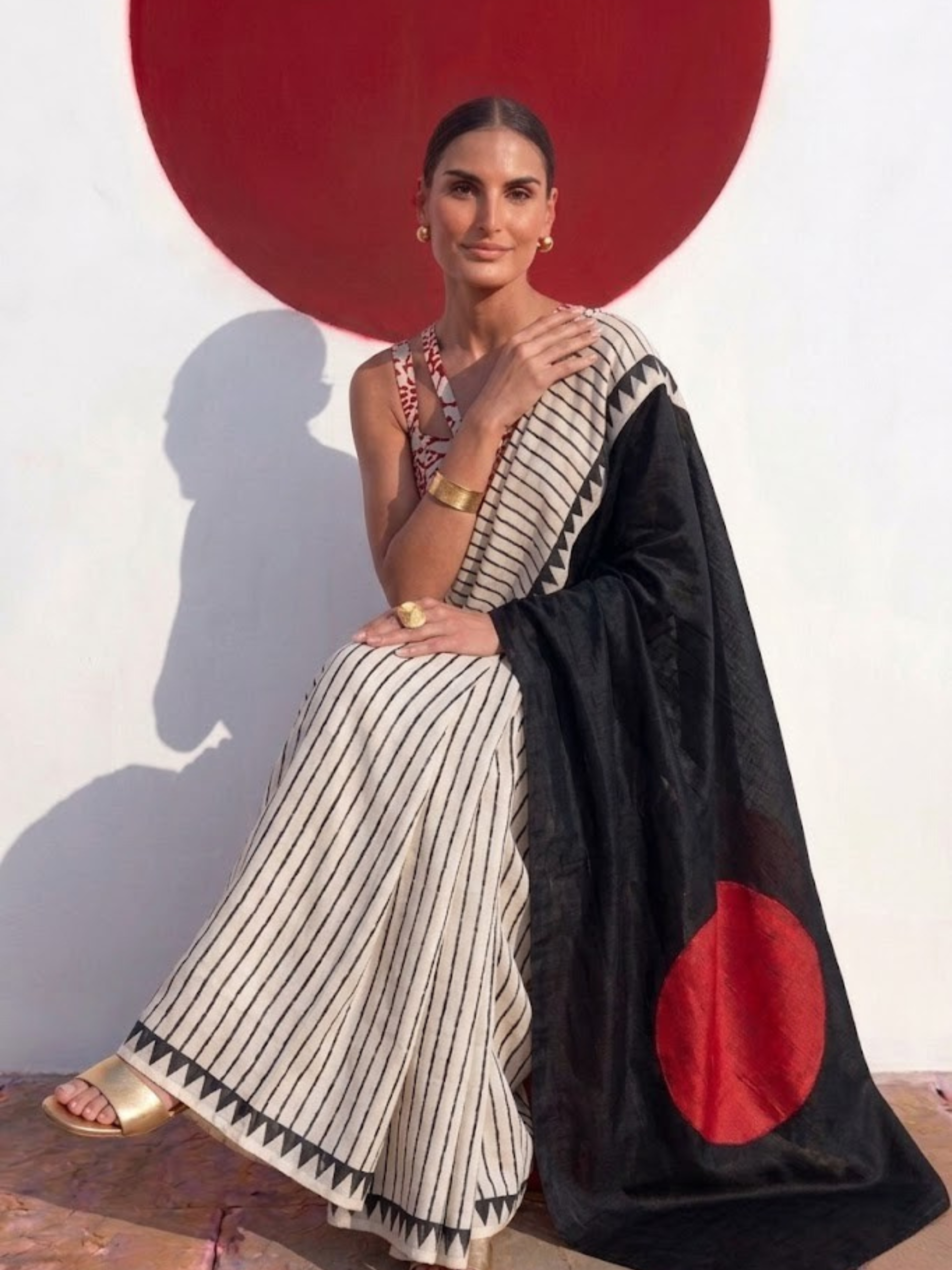 Modal Silk black white Stripe Hand Block Printed Saree with Red dot pallu and Blouse Fabric