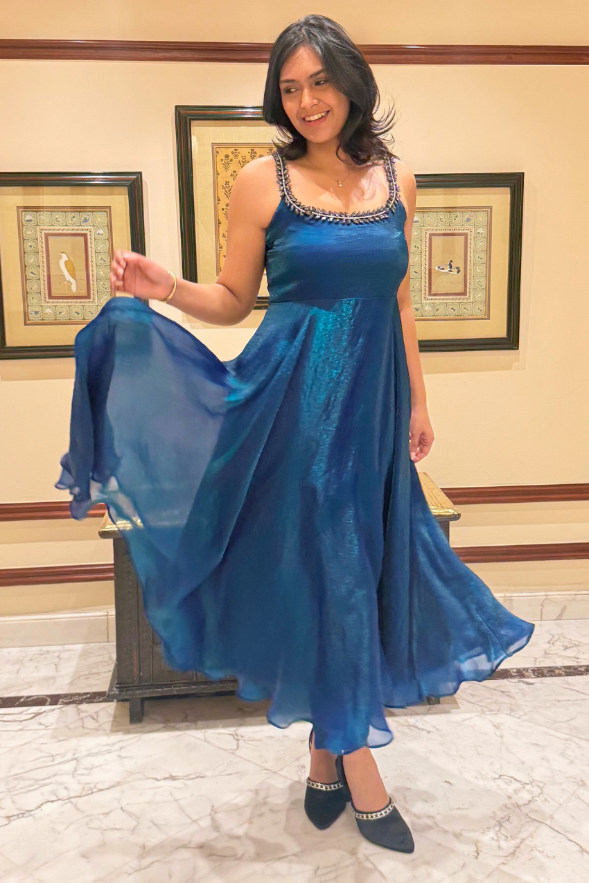 3 Pc Set - Peacock Satin Sleeveless Anarkali Suit with Black Glass Beads Neckline with Pants and Dupatta
