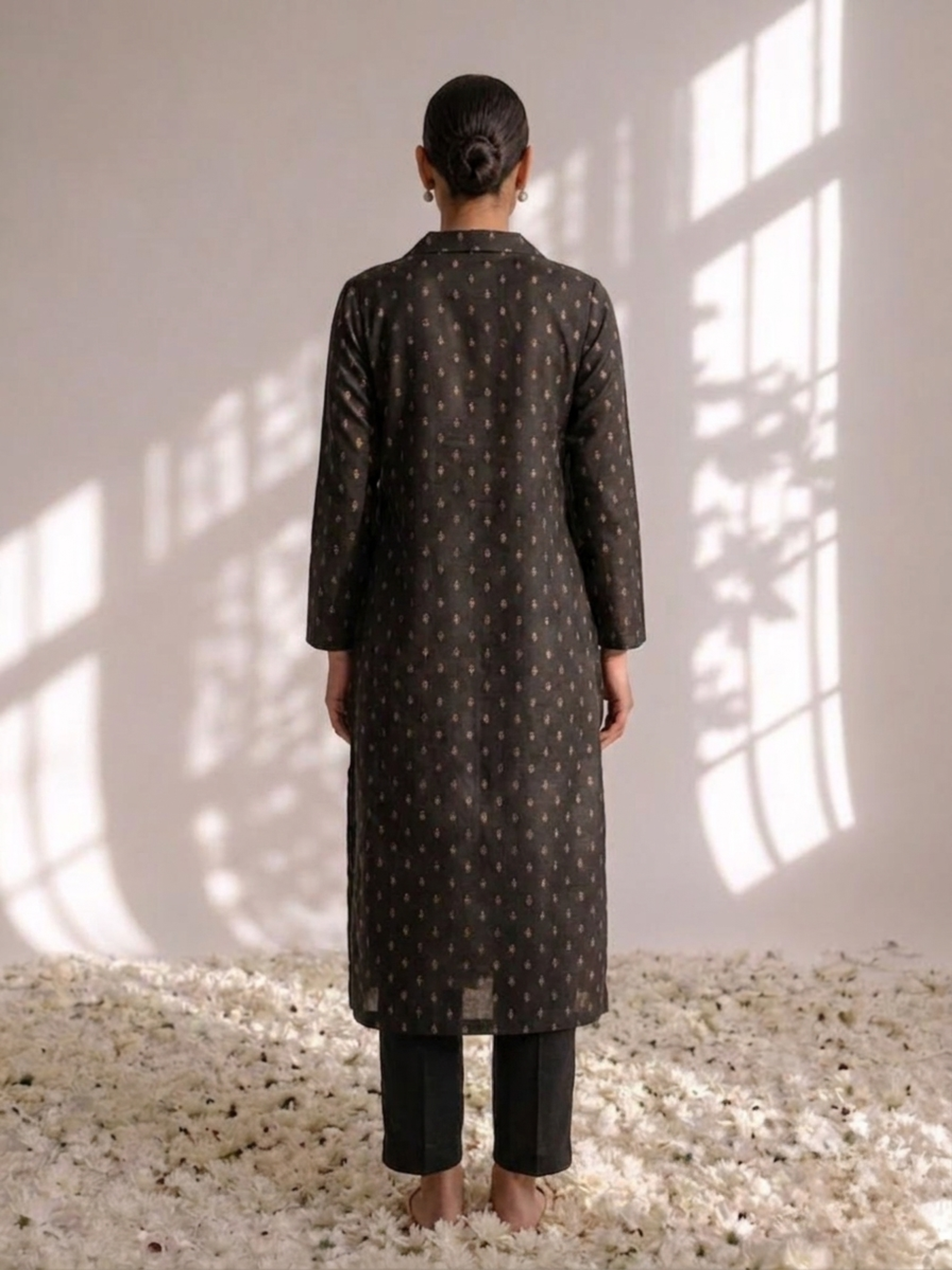 Black Banarasi viscose silk collared kurta with pants — view 5