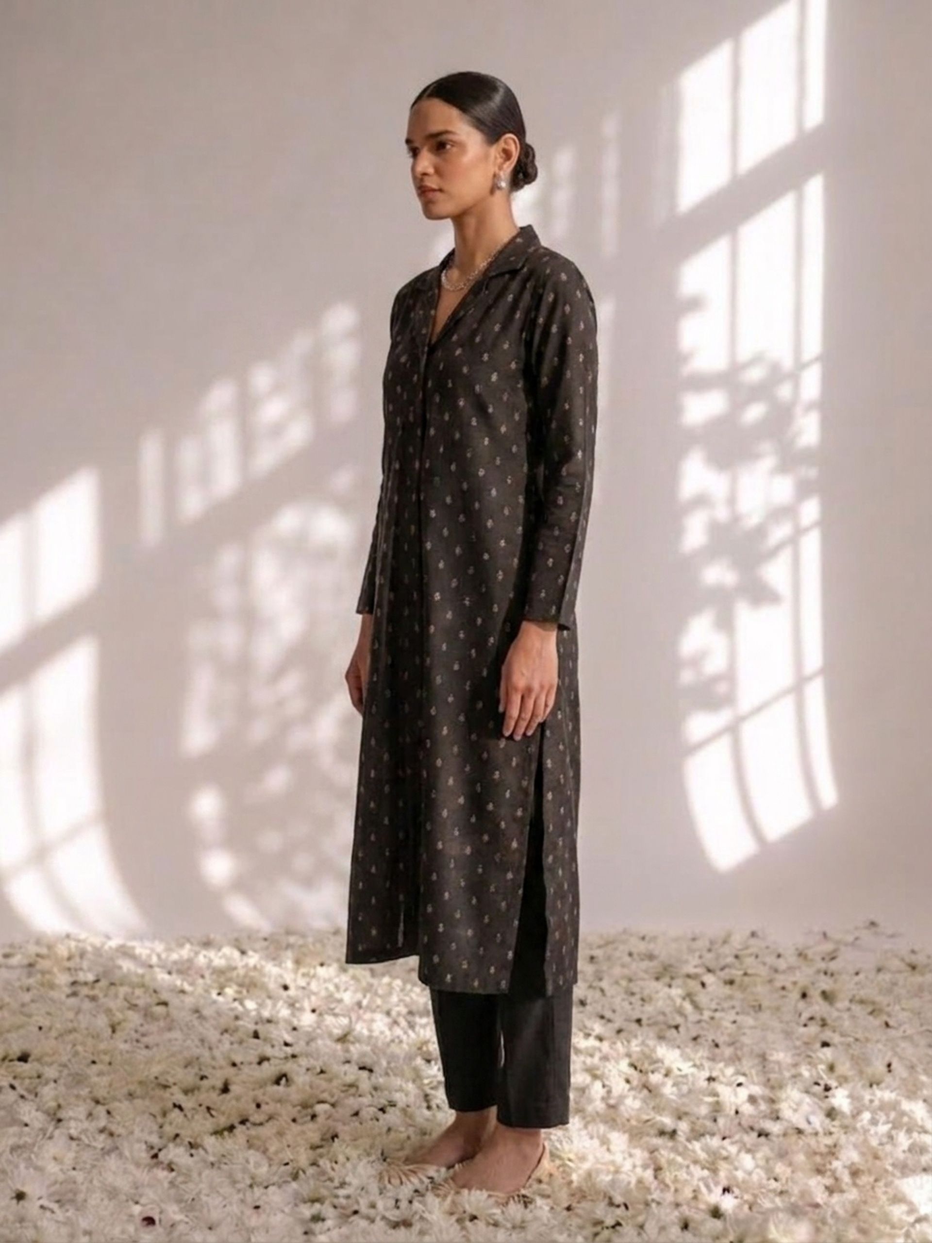 Black Banarasi viscose silk collared kurta with pants — view 4