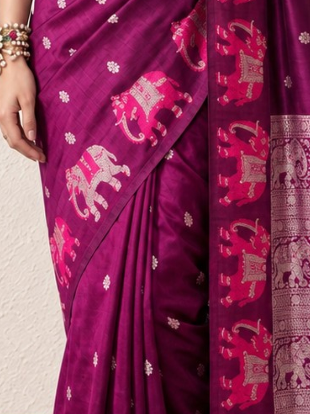 Wine Pure Silk Saree with Pink Silver Elephant Border and Blouse Fabric