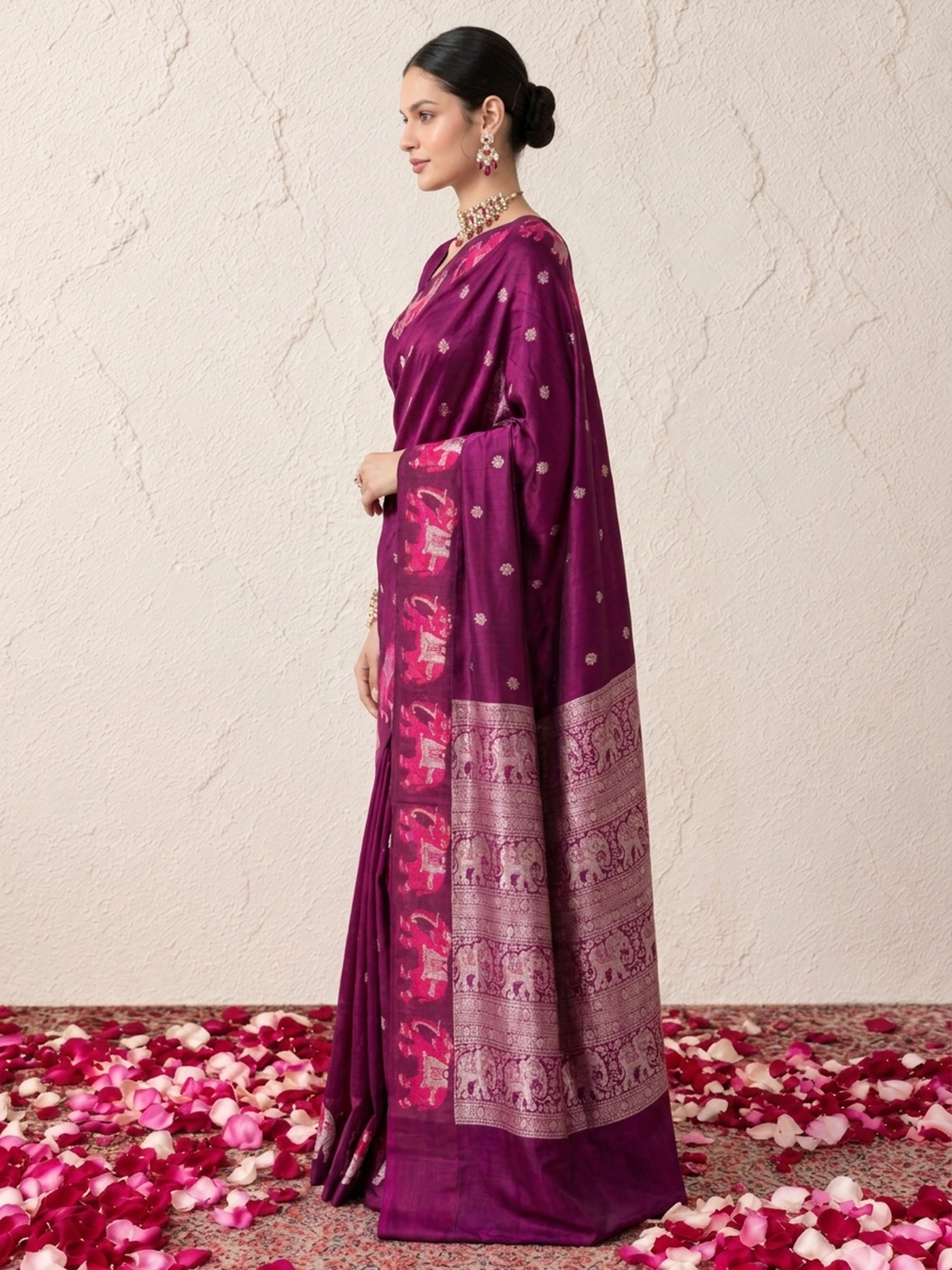 Wine Pure Silk Saree with Pink Silver Elephant Border and Blouse Fabric