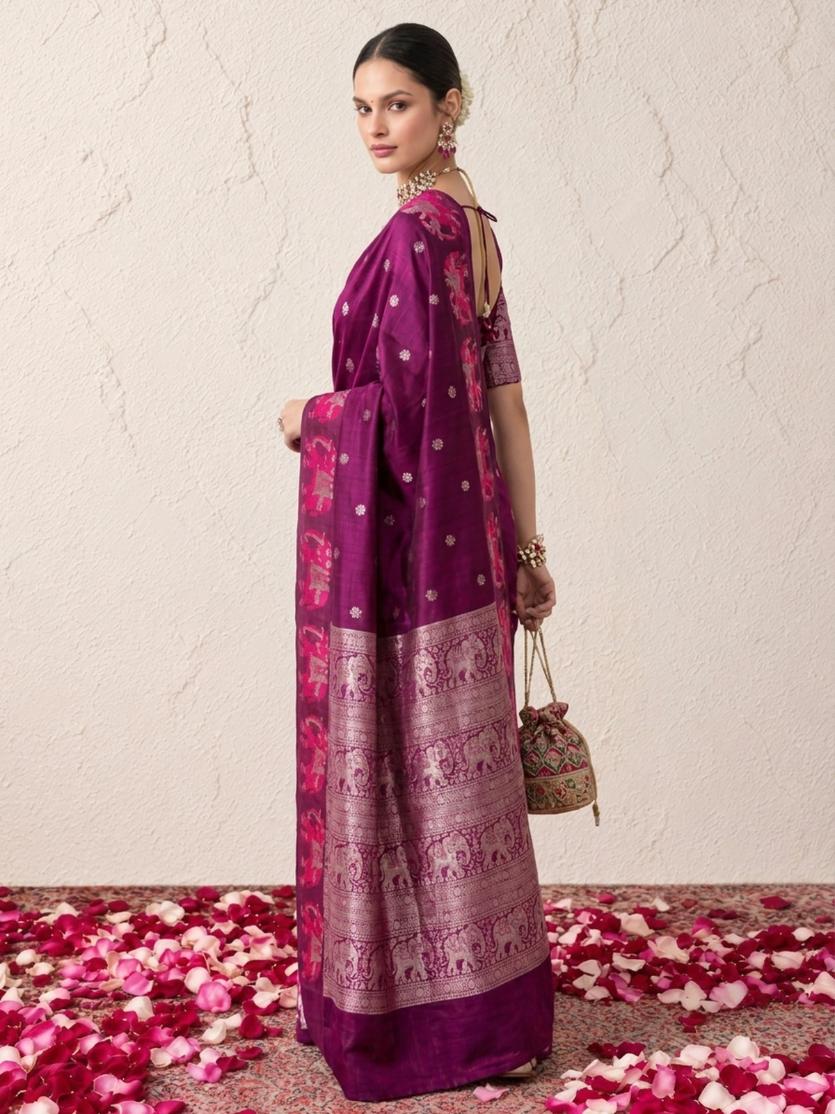 Wine Pure Silk Saree with Pink Silver Elephant Border and Blouse Fabric