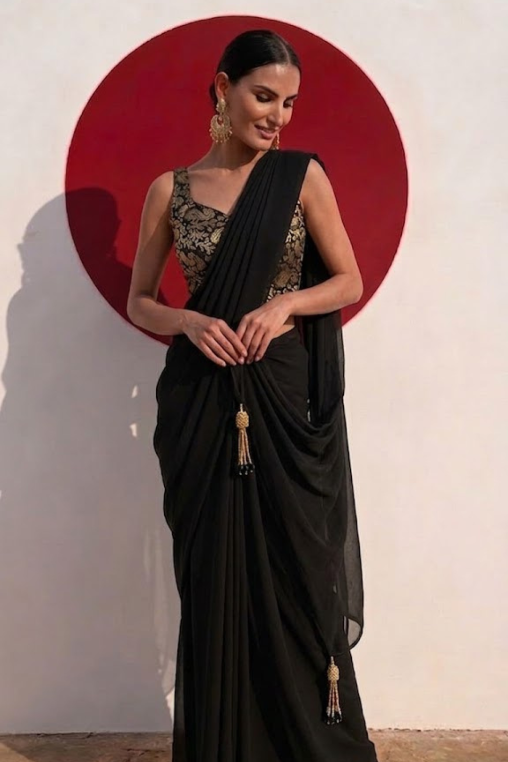 With Stitched Blouse - Black Brocade Blouse with Black Chiffon Saree (Blouse has sleeve attached)