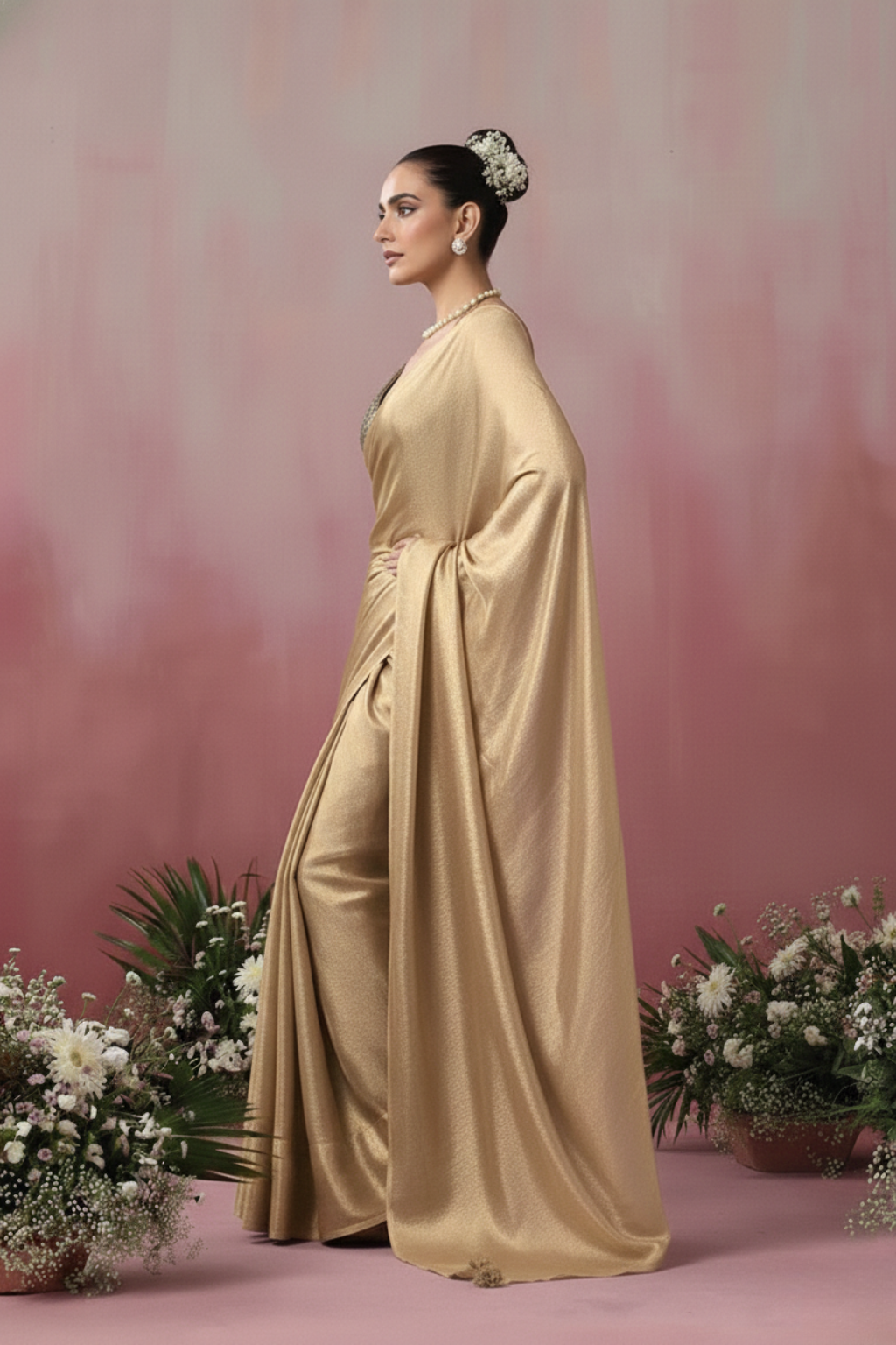 Champagne Gold Chiffon Saree with Pendants with Self Blouse Fabric