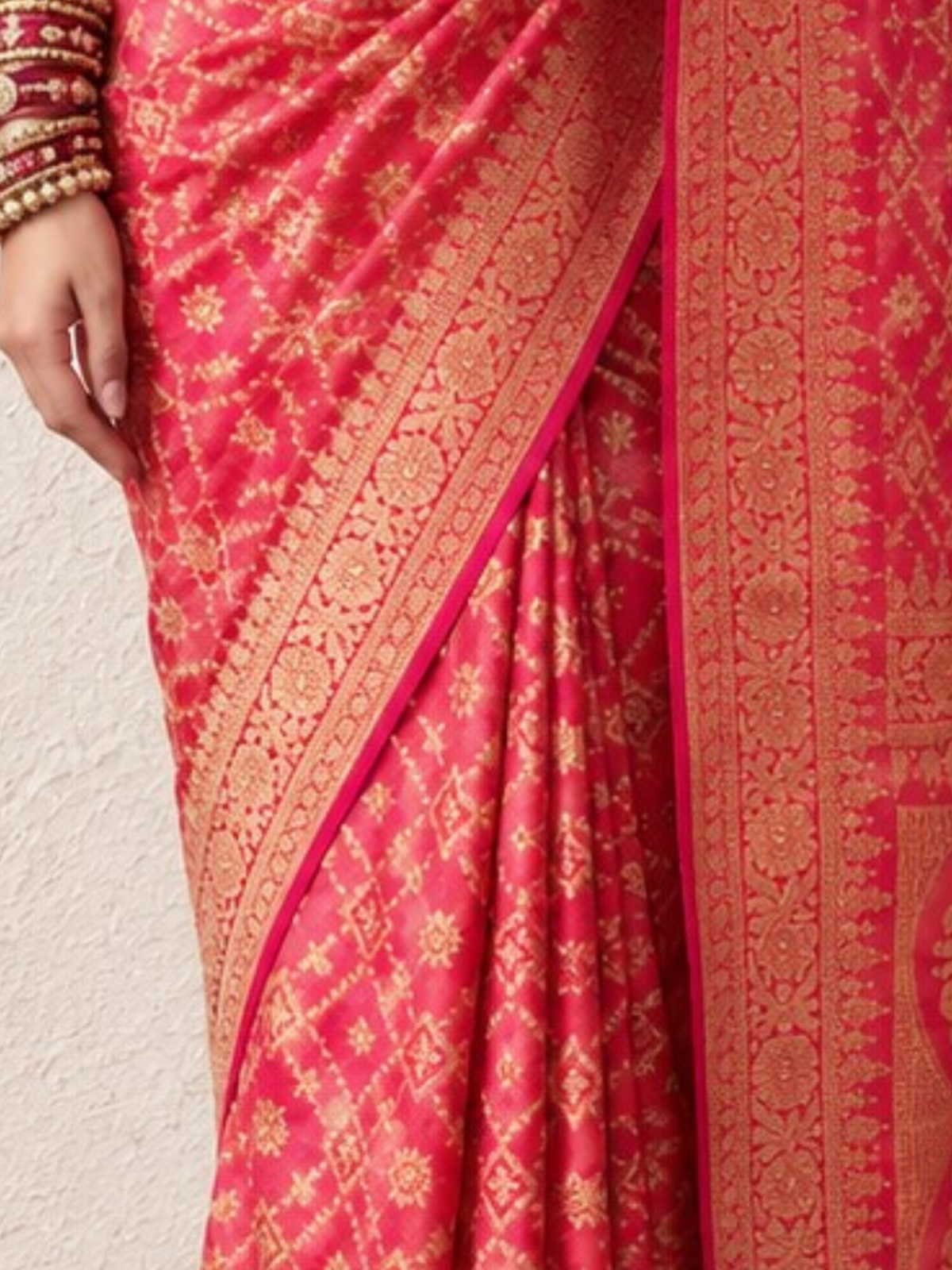 Pink Khaddi Georgette with Fuchsia Orange Design and Blouse Fabric