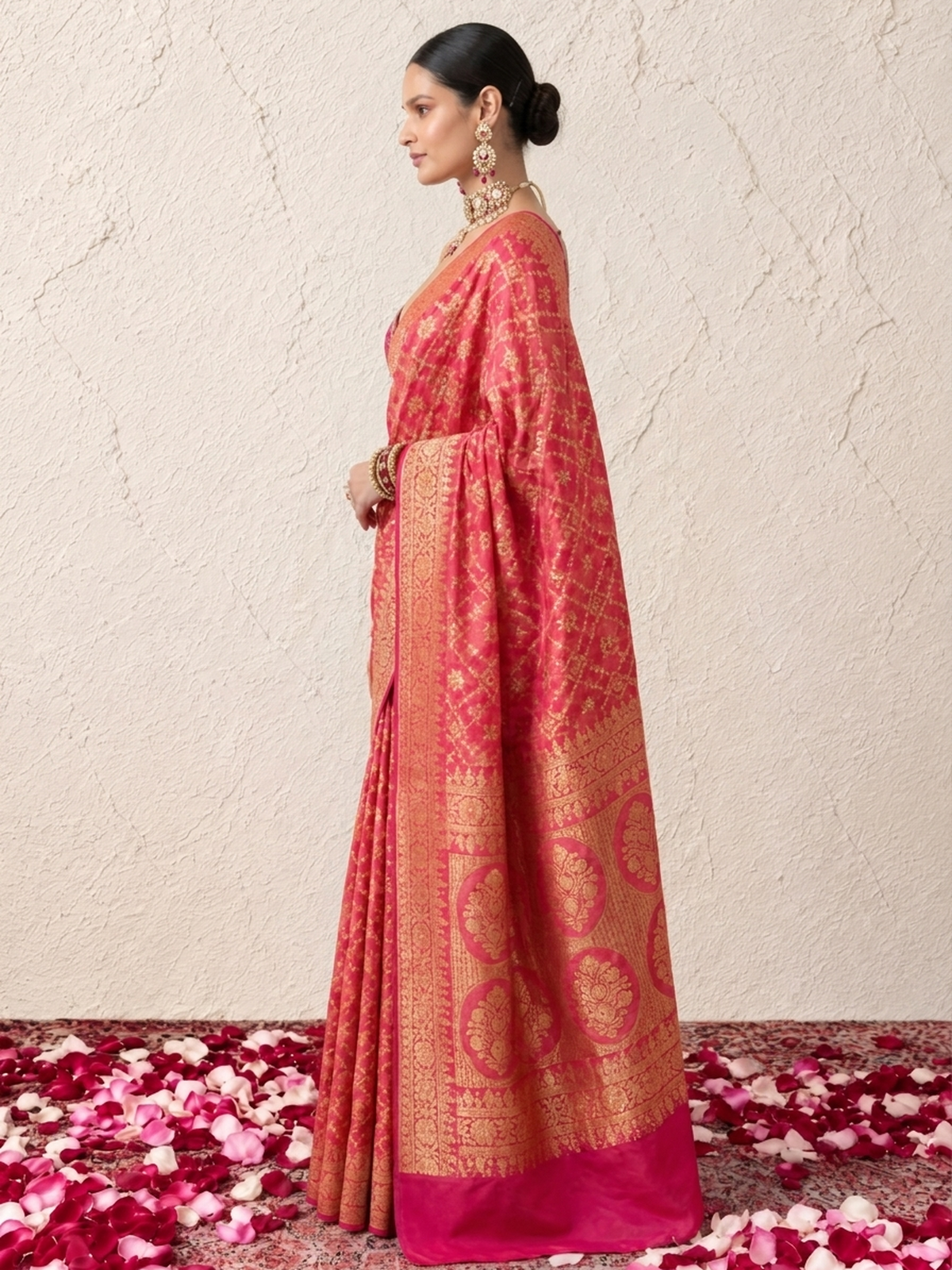 Pink Khaddi Georgette with Fuchsia Orange Design and Blouse Fabric