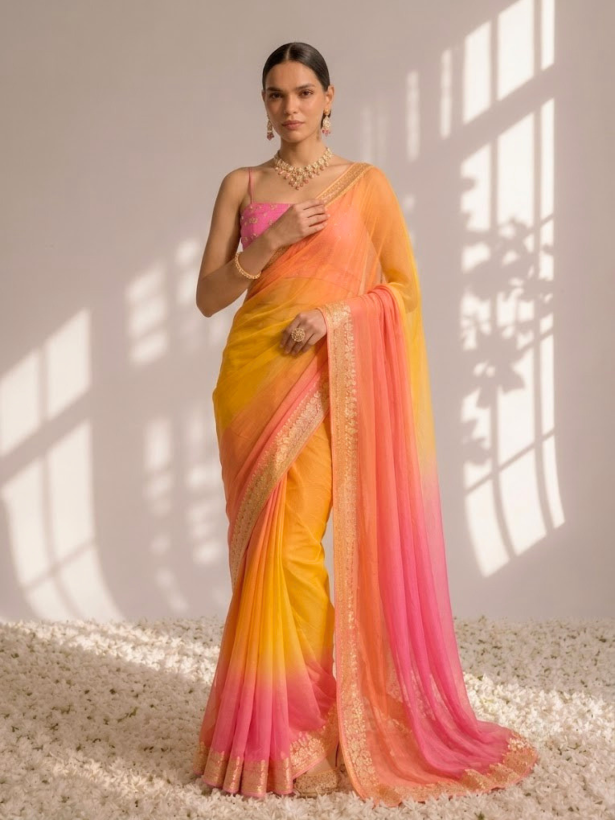 Pink and Yellow Jacquard Chiffon Hand Dyed Ombre Saree with Blouse Fabric