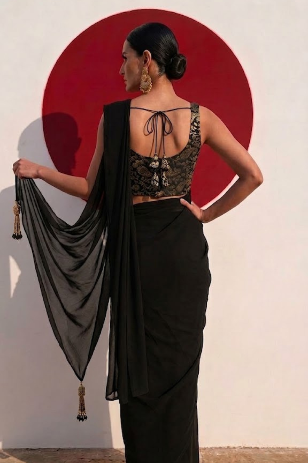 With Stitched Blouse - Black Brocade Blouse with Black Chiffon Saree (Blouse has sleeve attached)