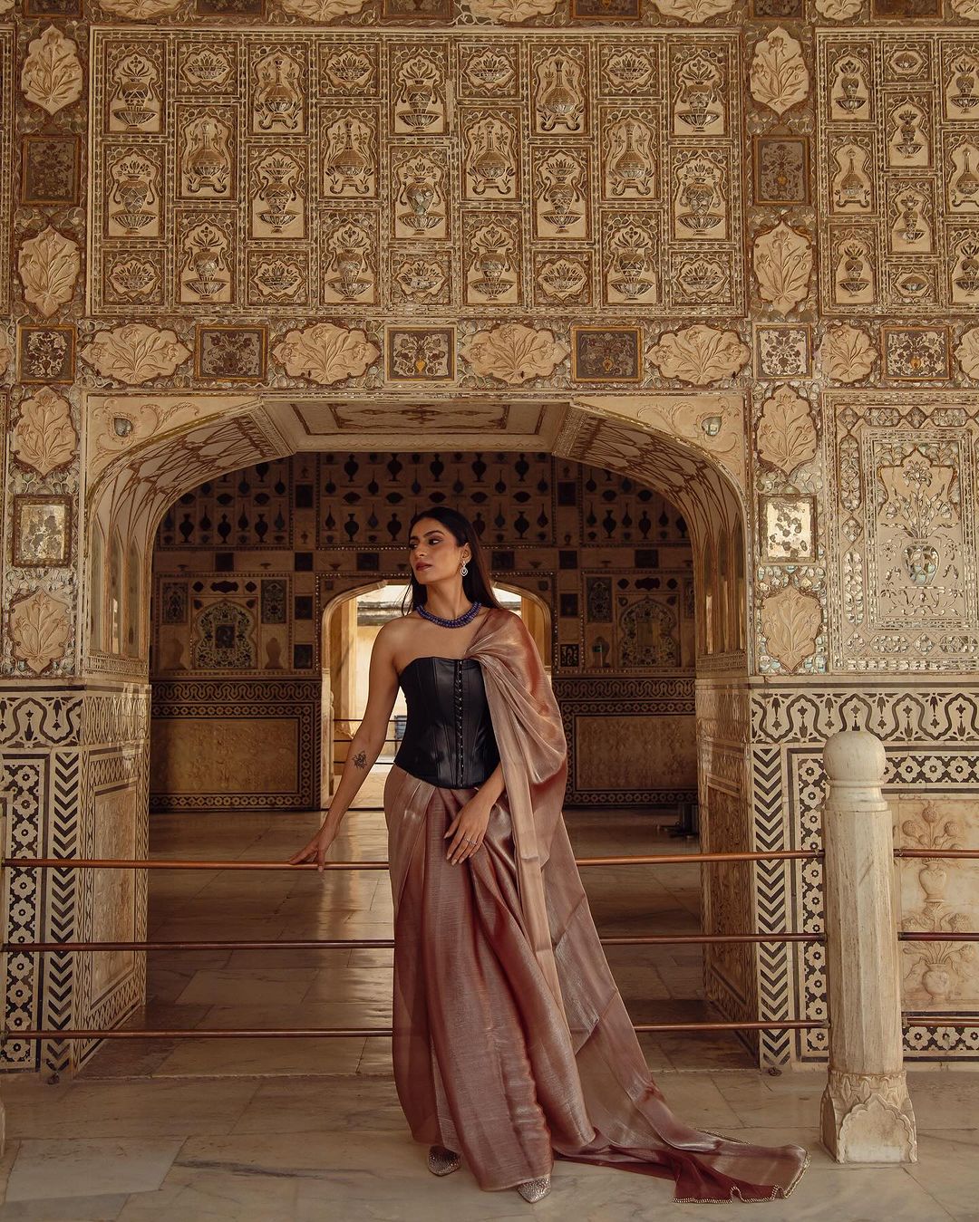 Peach Silver Pearl Silky Organza Saree with Diamond Lace and Self Blouse Fabric