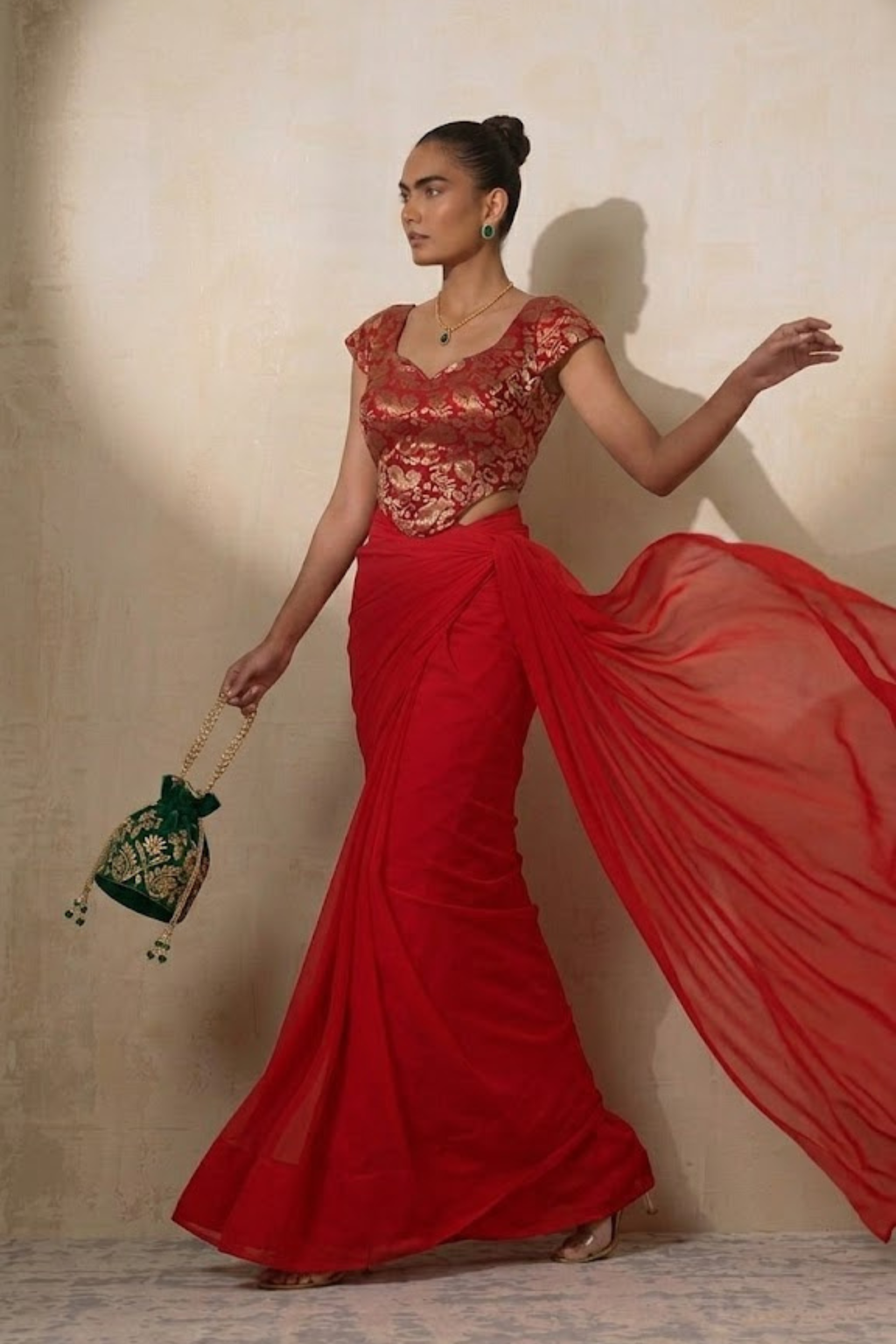 With Stitched Blouse -Red Brocade Blouse with Red Chiffon Saree (Blouse has sleeve attached)