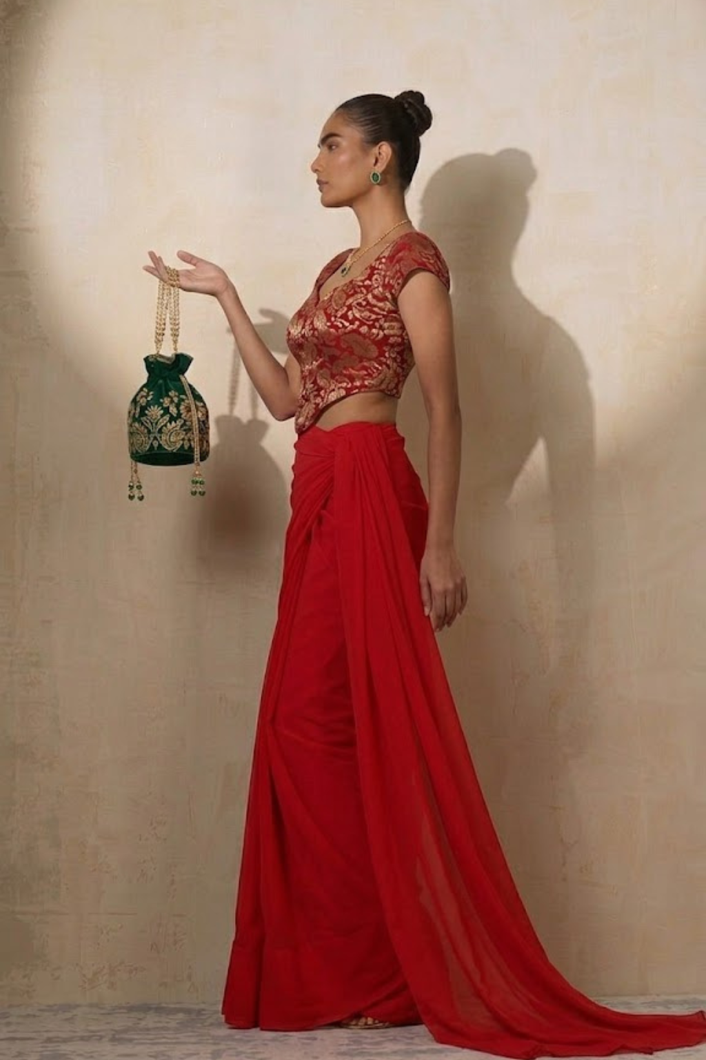 With Stitched Blouse -Red Brocade Blouse with Red Chiffon Saree (Blouse has sleeve attached)