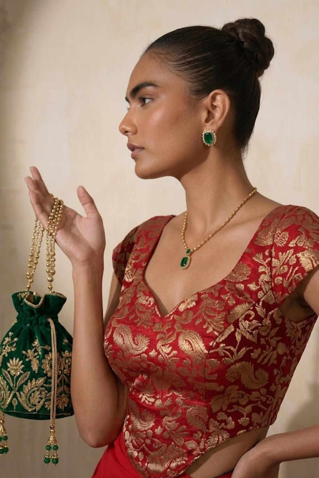 With Stitched Blouse -Red Brocade Blouse with Red Chiffon Saree (Blouse has sleeve attached)