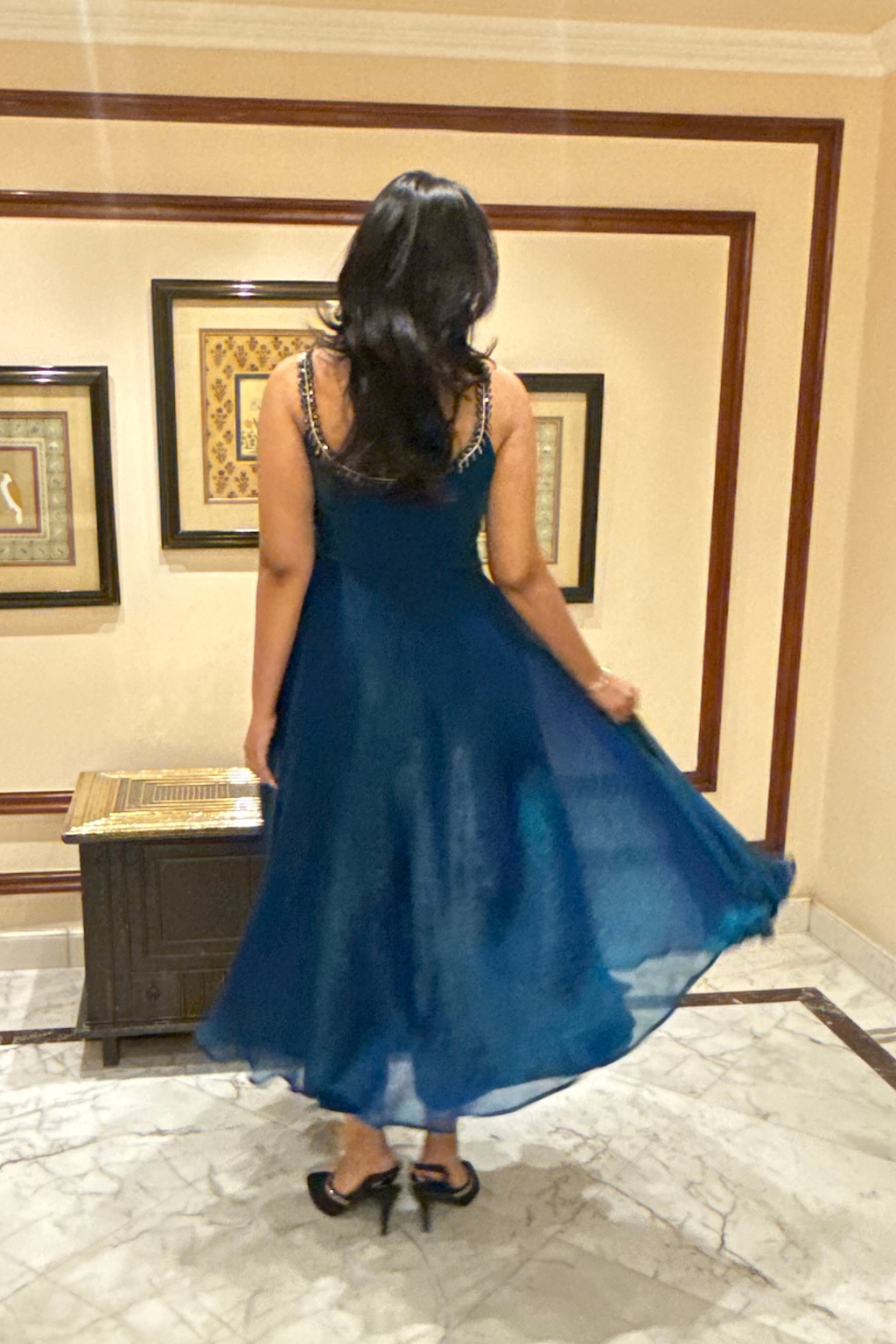 3 Pc Set - Peacock Satin Sleeveless Anarkali Suit with Black Glass Beads Neckline with Pants and Dupatta