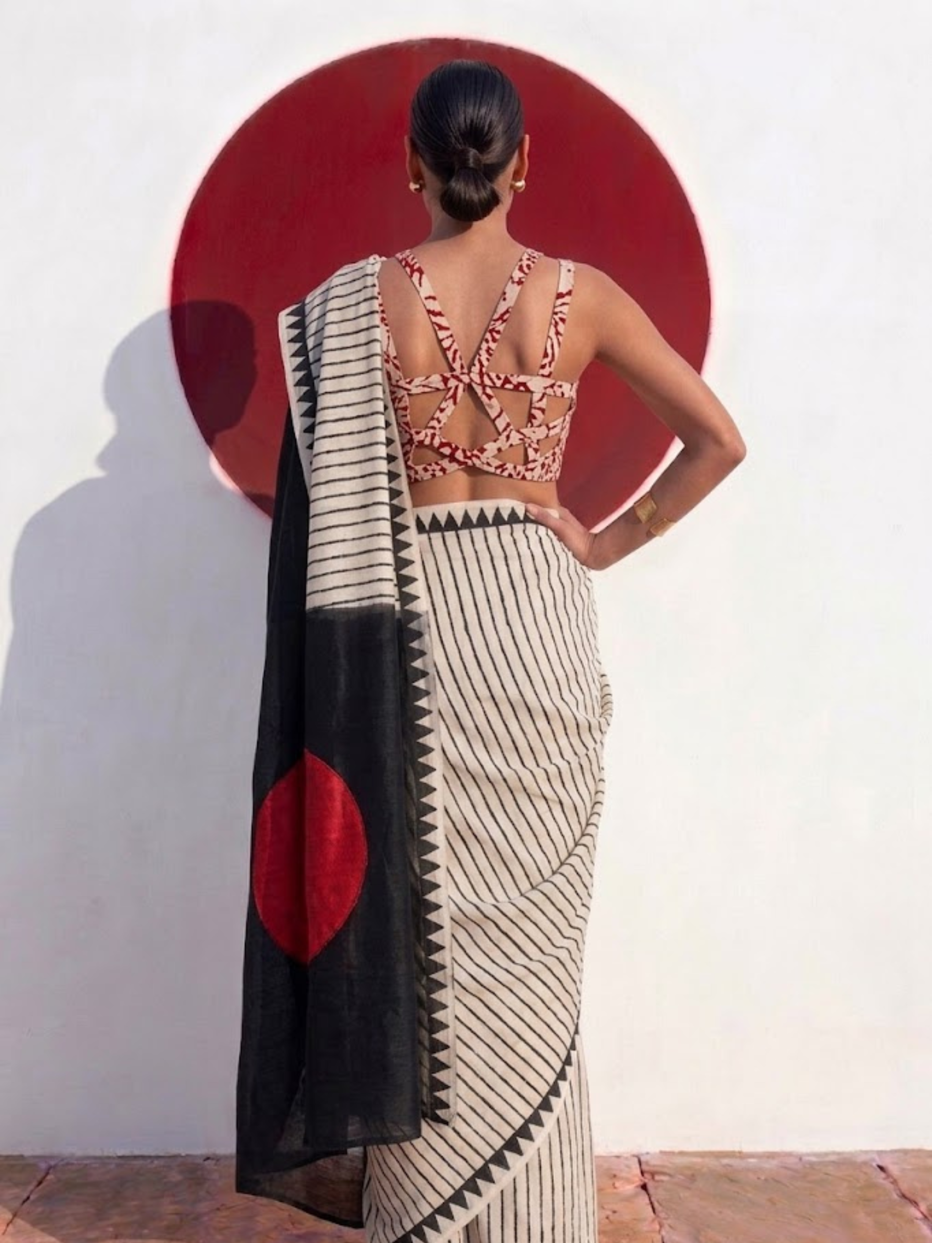 Modal Silk black white Stripe Hand Block Printed Saree with Red dot pallu and Blouse Fabric