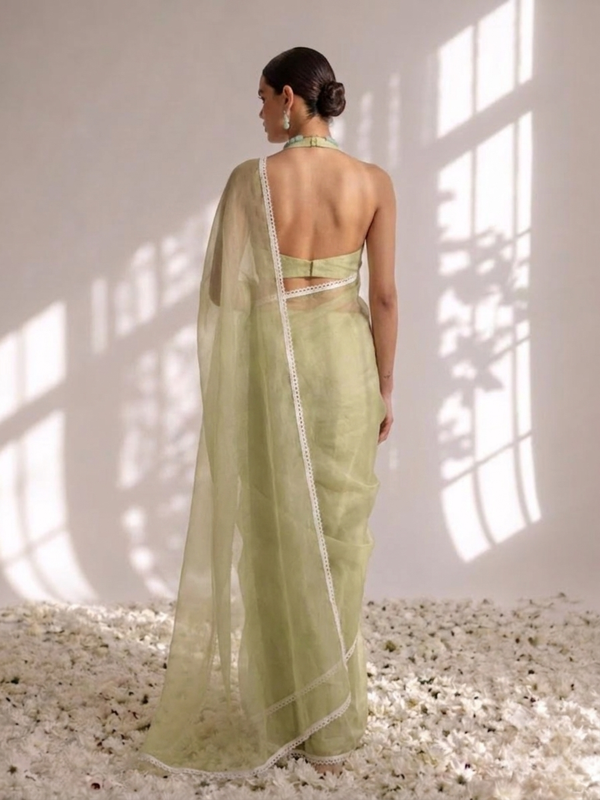 Sage Chiffon Saree with White Lace and Self Blouse Fabric