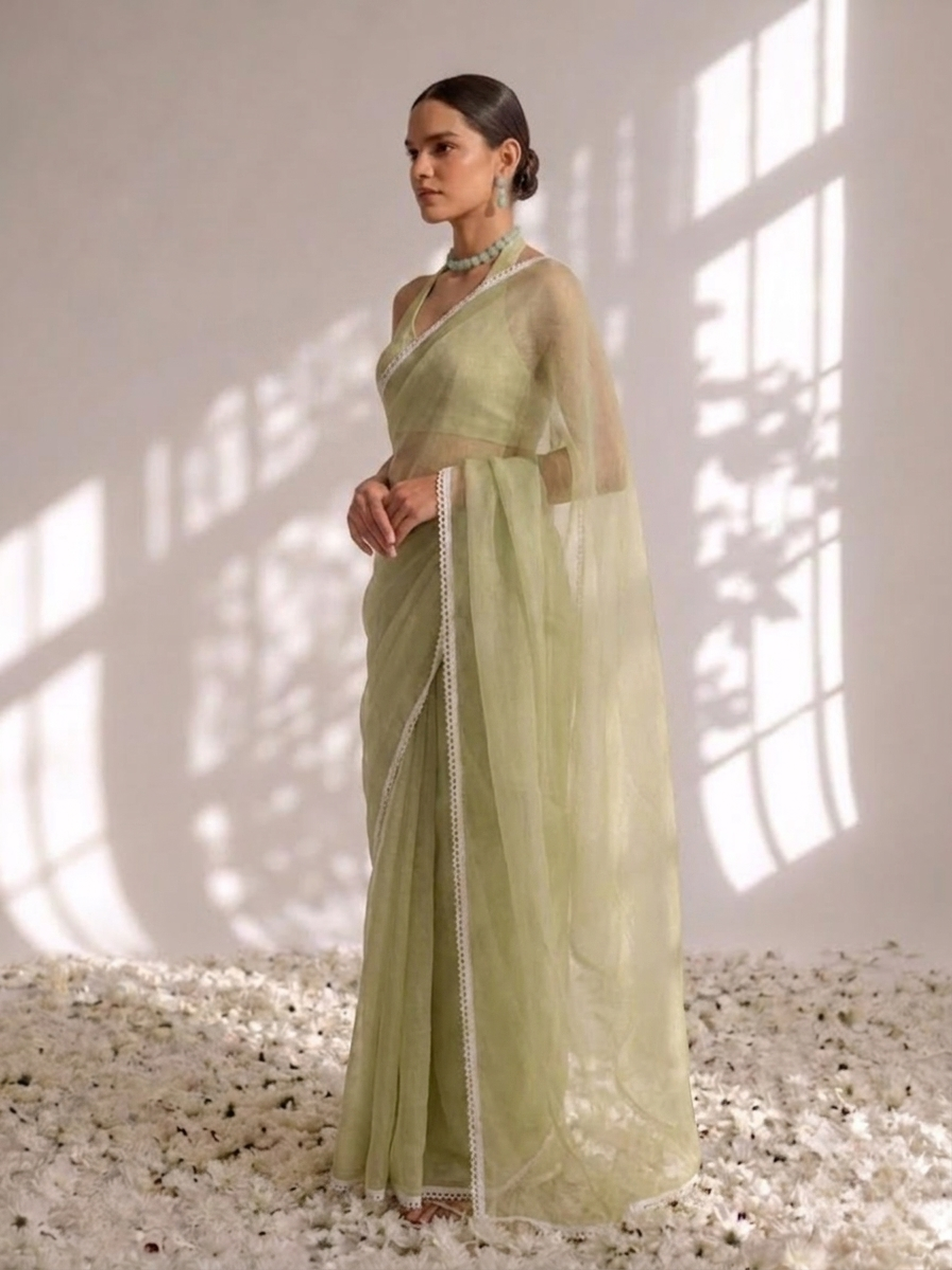 Sage Chiffon Saree with White Lace and Self Blouse Fabric