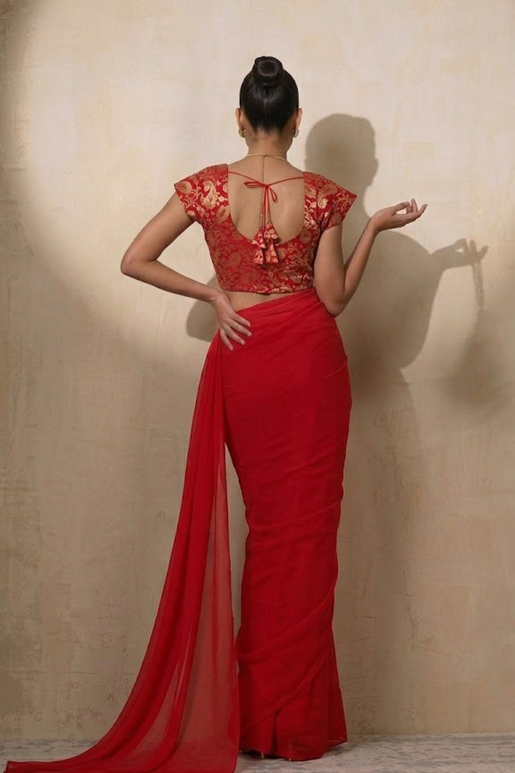 With Stitched Blouse -Red Brocade Blouse with Red Chiffon Saree (Blouse has sleeve attached)
