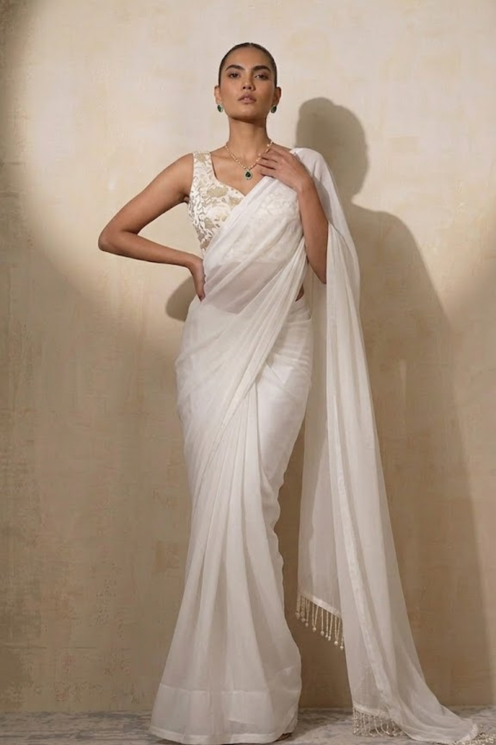 With Stitched Blouse - White Brocade Blouse with White Chiffon Saree (Blouse has sleeve attached)