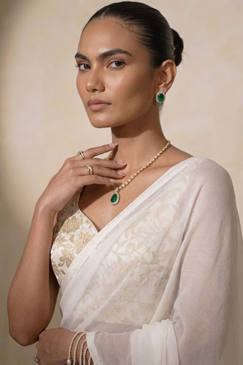 With Stitched Blouse - White Brocade Blouse with White Chiffon Saree (Blouse has sleeve attached)