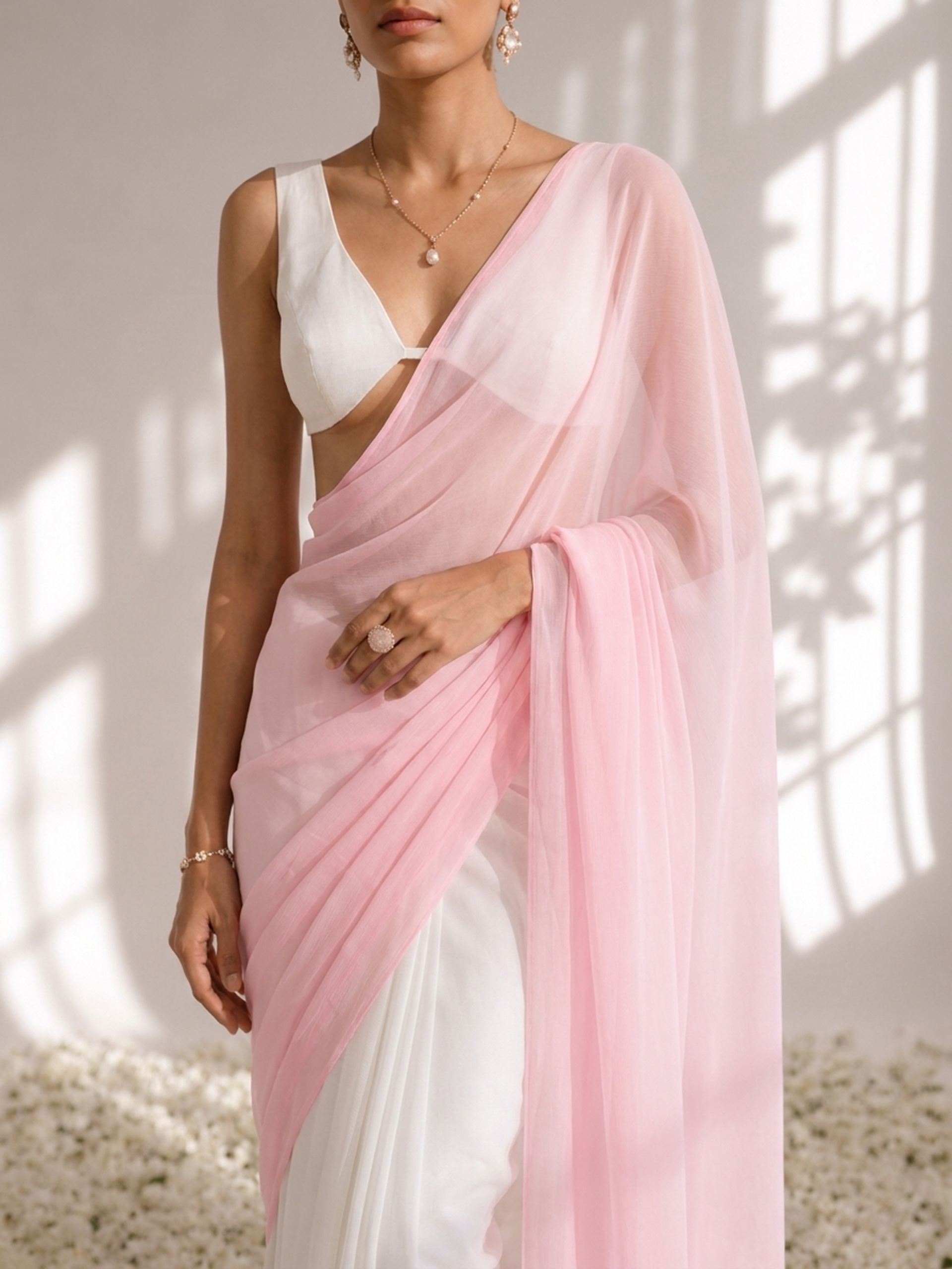 White with pink chiffon saree and blouse fabric — view 3