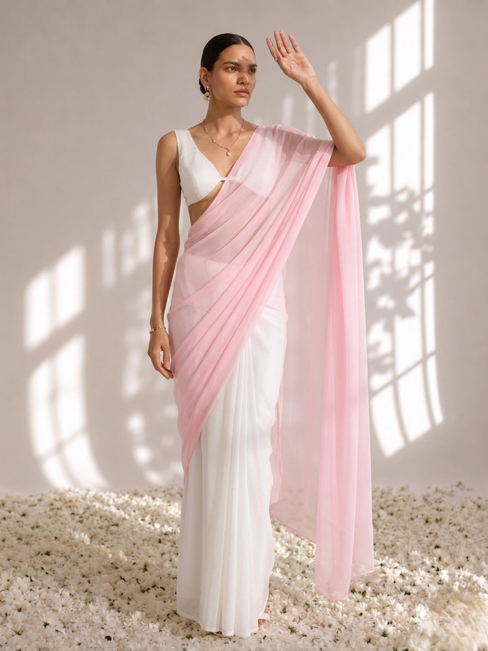 White with Pink Chiffon Saree and Blouse Fabric