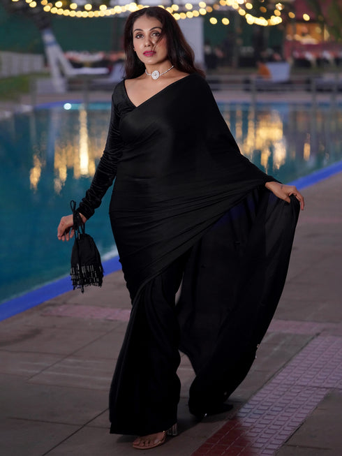 Pre-Draped 1-Minute Black Satin Saree with Big diamonds and Blouse Fabric
