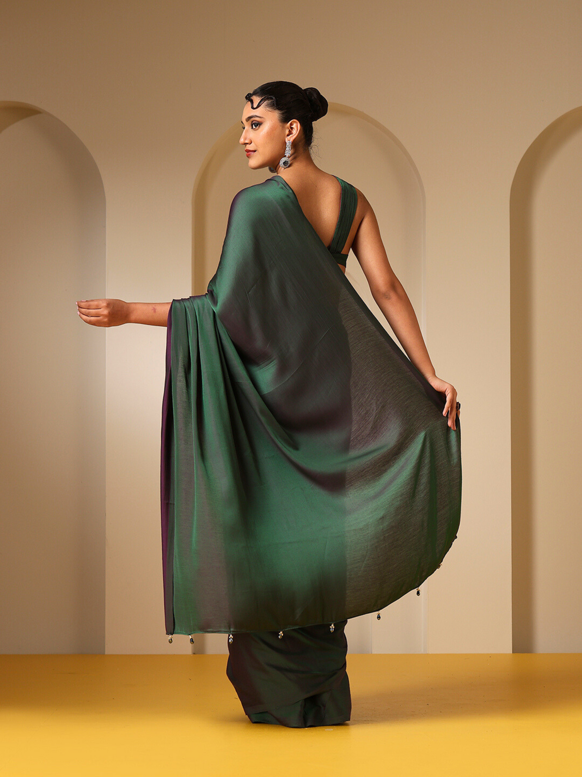 Green and purple dual color soft satin saree with blouse fabric — view 5