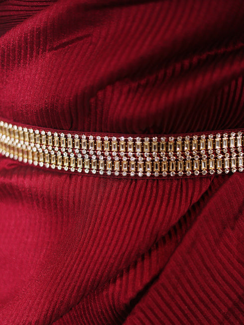 3 pc SET -Maroon Pant Saree Pleated with Leaf Halter blouse and Dazzling Belt