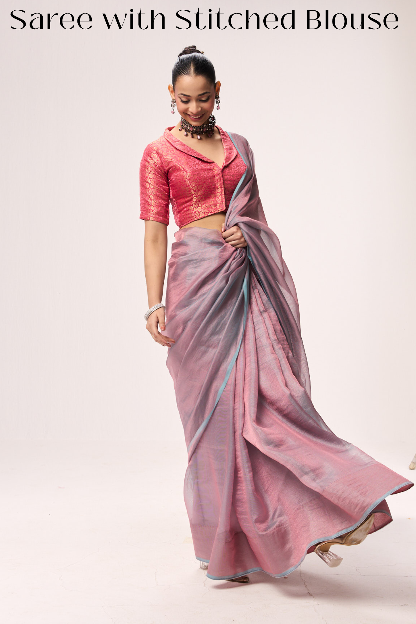 Light Blue Pink Textured Chiffon Saree with Pink Jacquard Collar Readymade Blouse