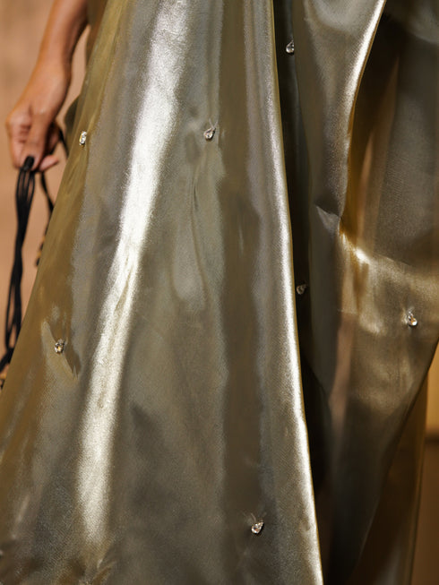 Pre-Draped 1-Minute Liquid Gold Organza Saree with Big Diamonds and Blouse Fabric