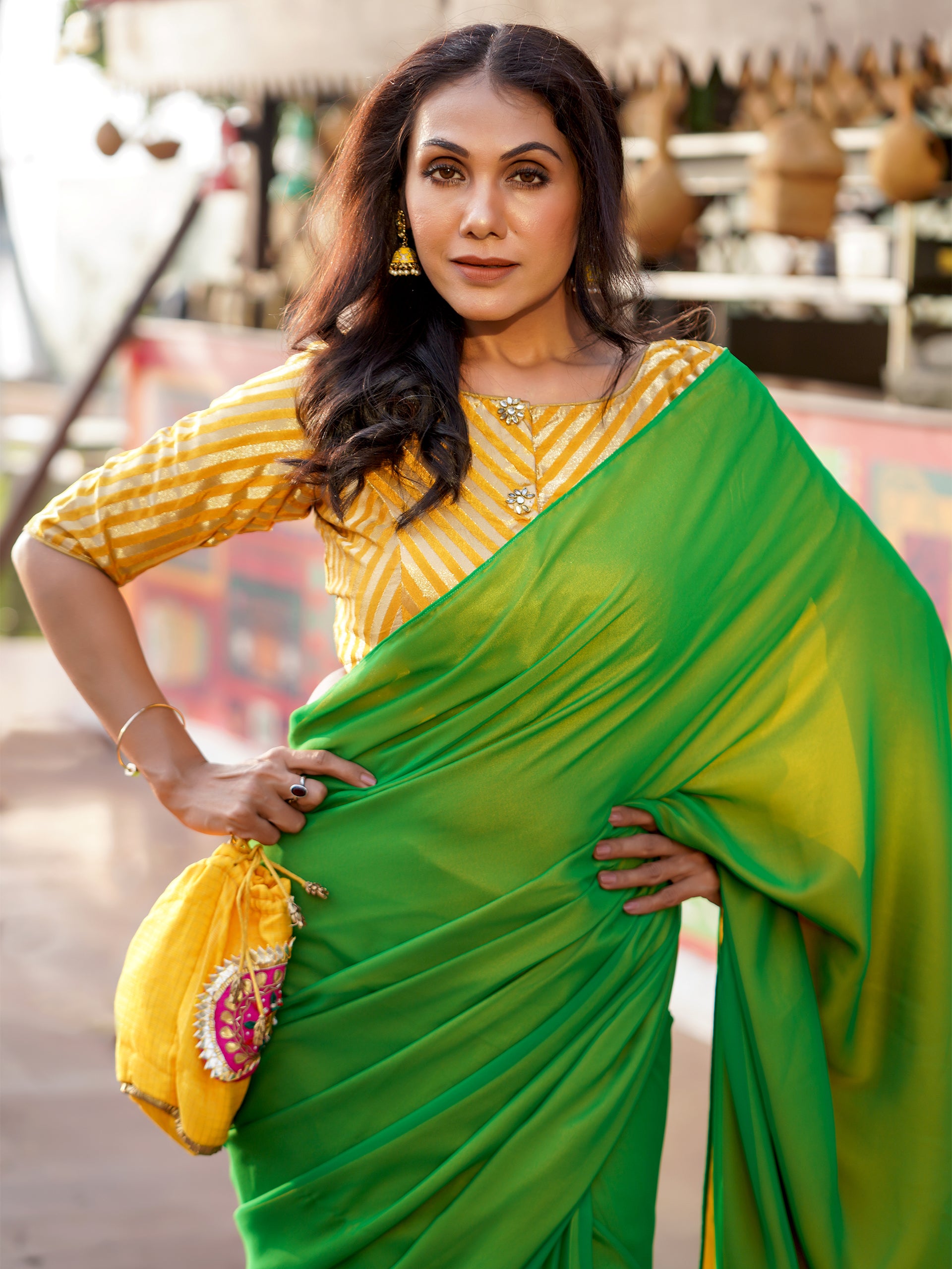 Pre-Draped 1-Minute Enchanting Green Georgette And Yellow Satin Saree with Blouse Fabric