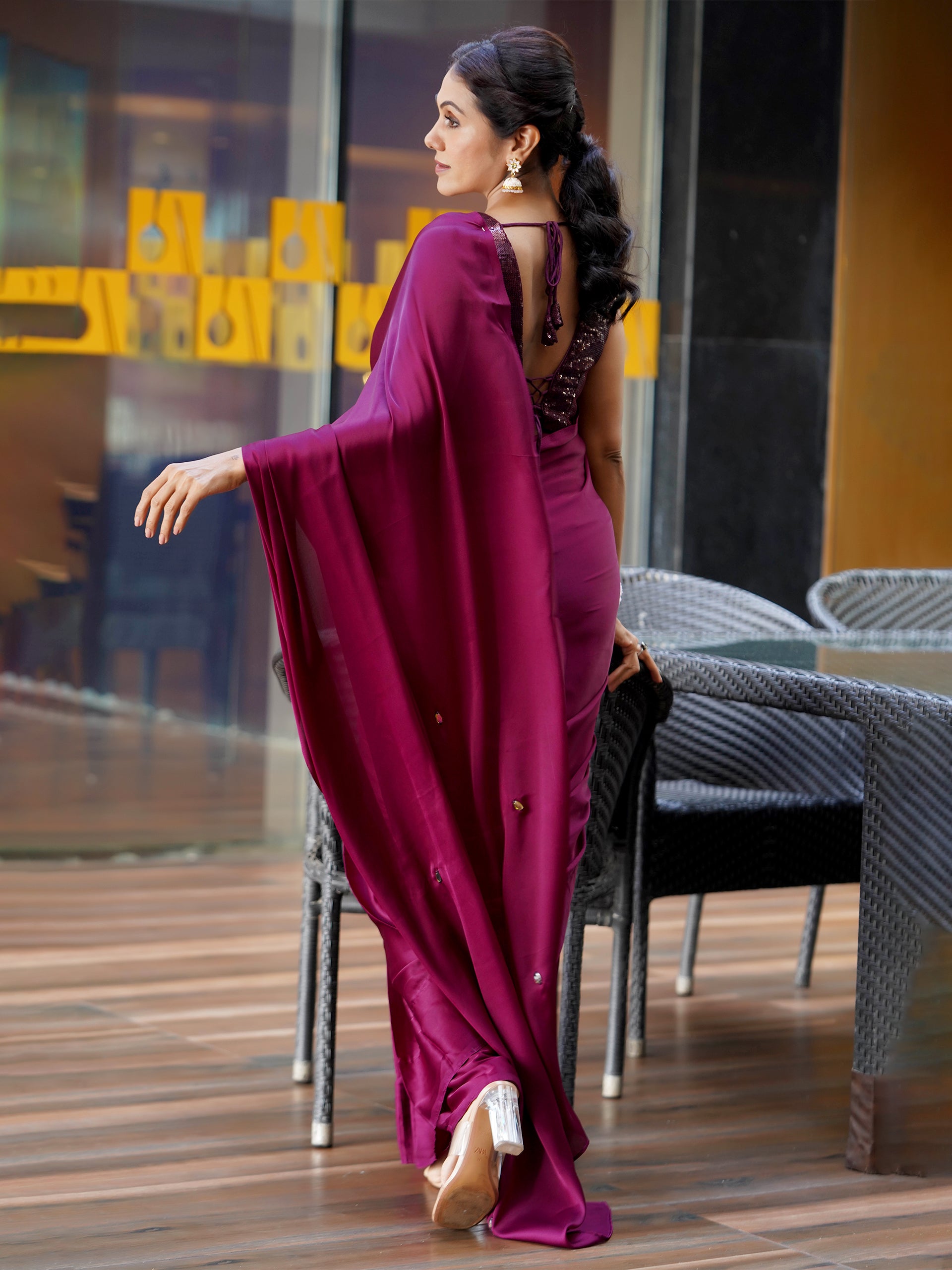 Pre-Draped 1-Minute Wine Satin Saree With Self Fabric Blouse