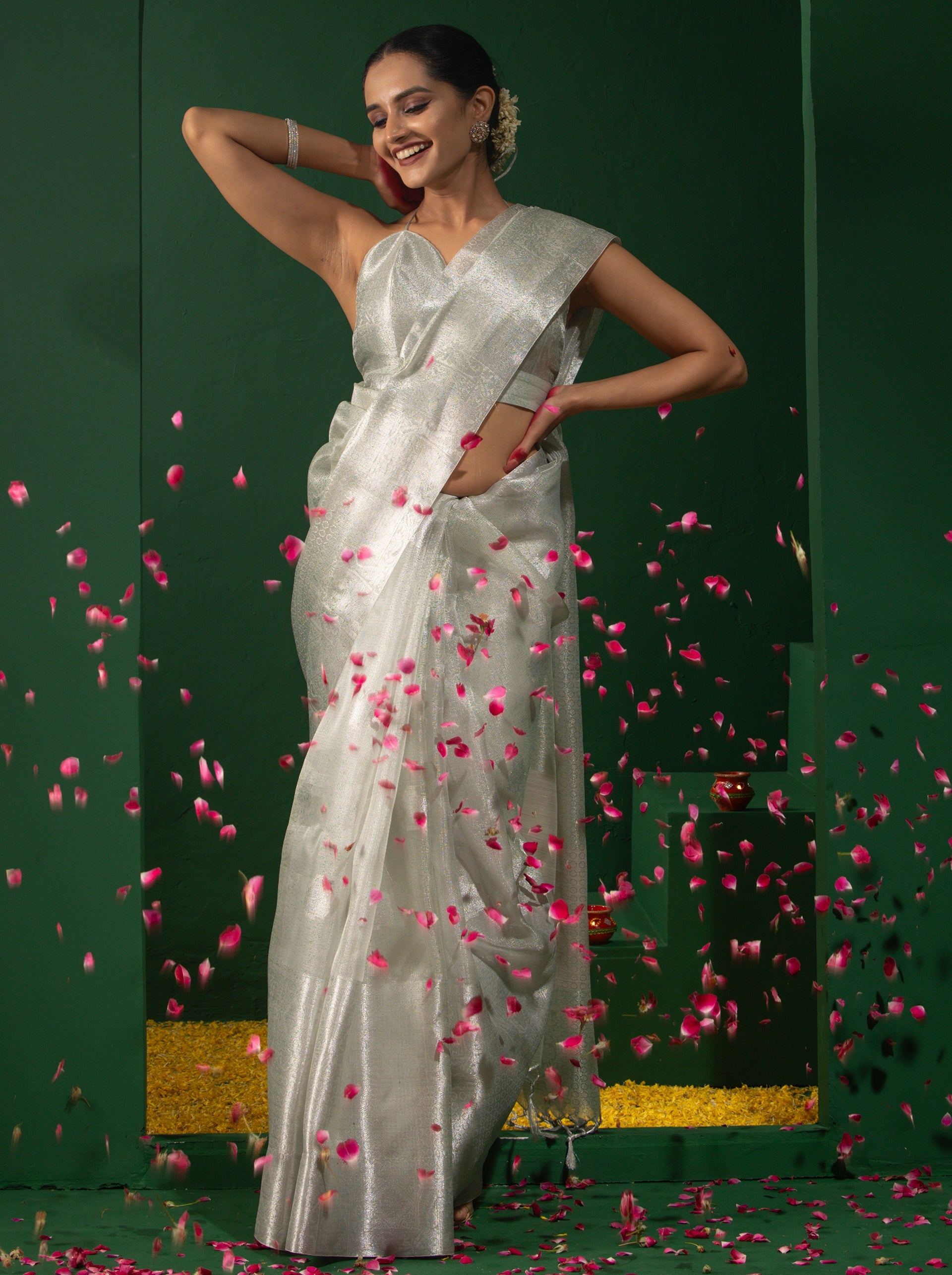 Sage Green & Silver Silk Zari Saree with Blouse Fabric