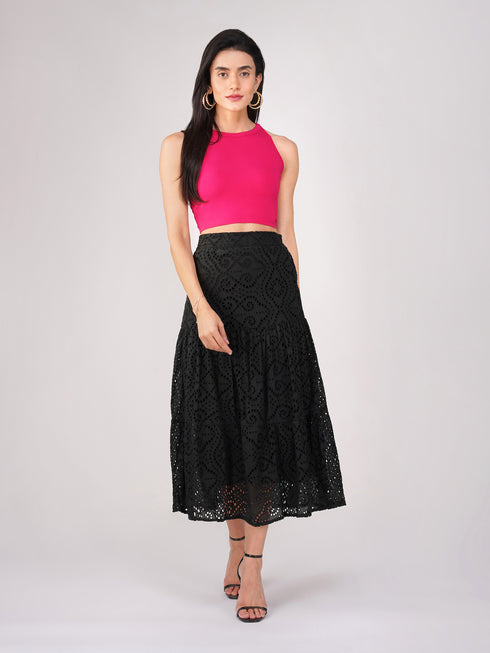 Women's Stretchy Knitted Halter Neck Fuchsia Crop Top