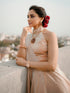 Peach Blue Metallic Satin Saree with Beads and Blouse Fabric
