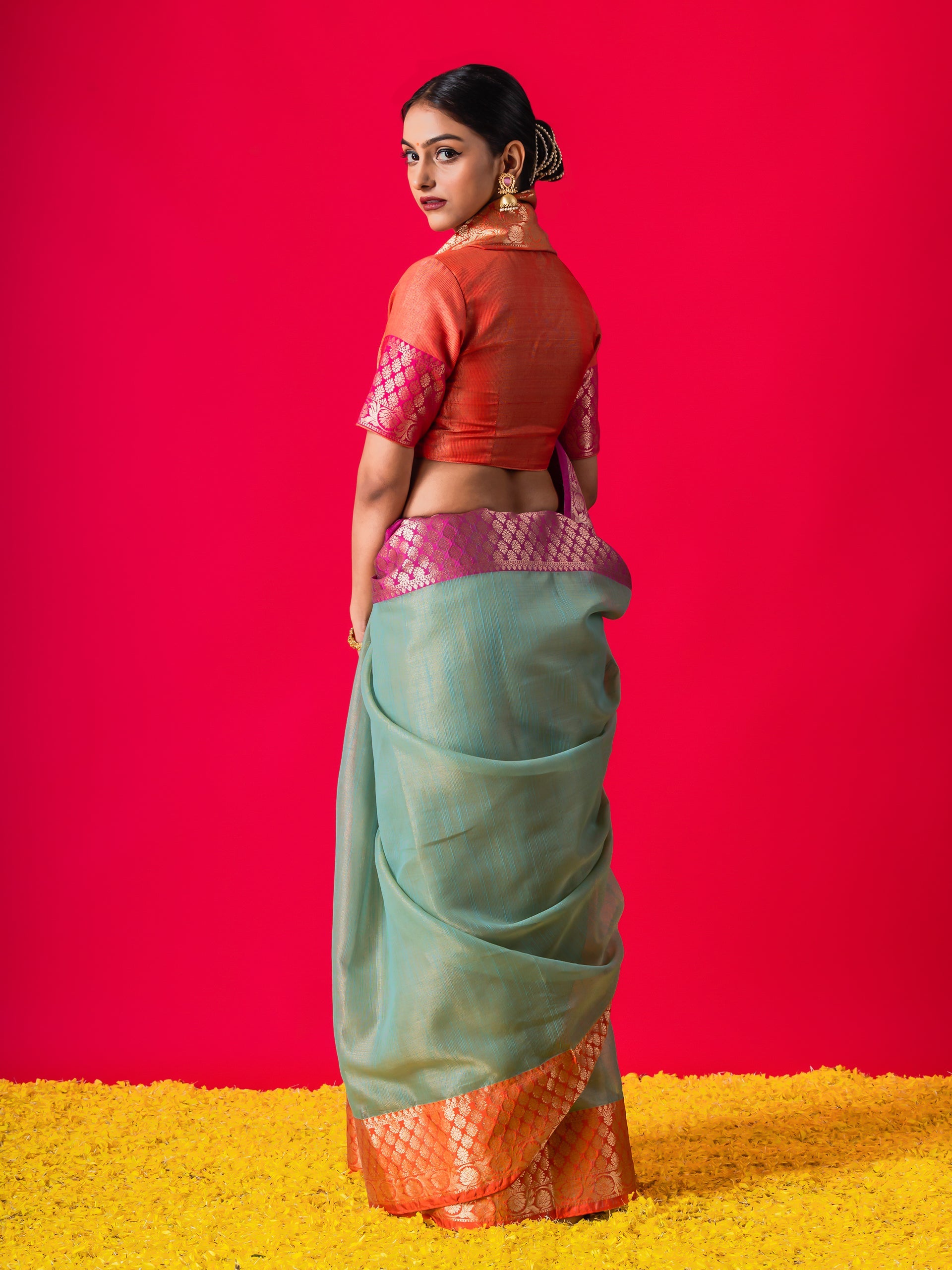 Blue Ganga Yamuna Muga Tissue Saree with Blouse Fabric