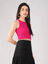 Women's Stretchy Knitted Halter Neck Fuchsia Crop Top
