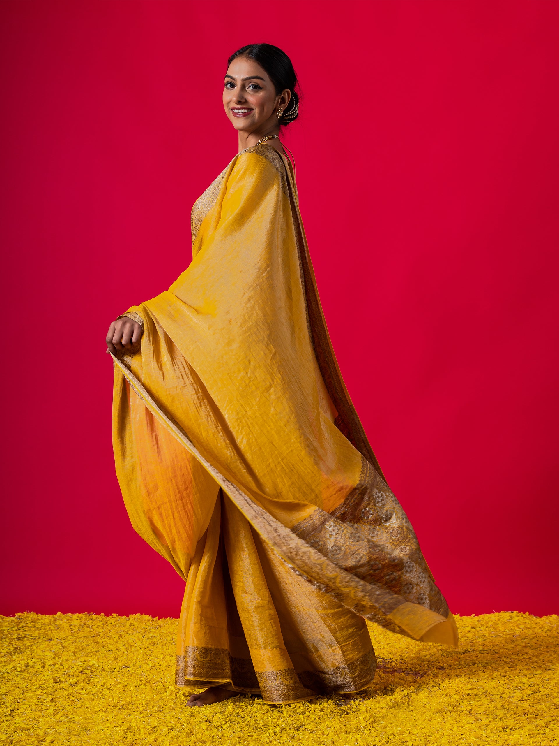 Mustard Brown Gold Shine Soft Saree with Blouse Fabric