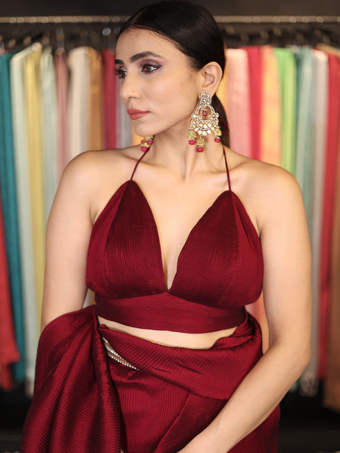 3 pc SET -Maroon Pant Saree Pleated with Leaf Halter blouse and Dazzling Belt